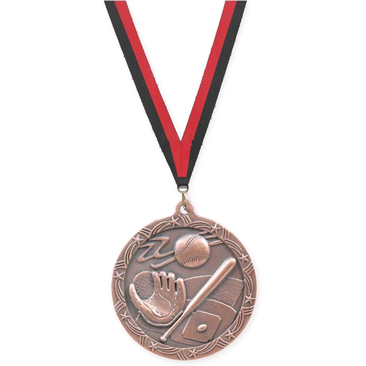 2 1/2 inch baseball and softball Shooting Star medal in antique bronze with Black Red neck ribbon