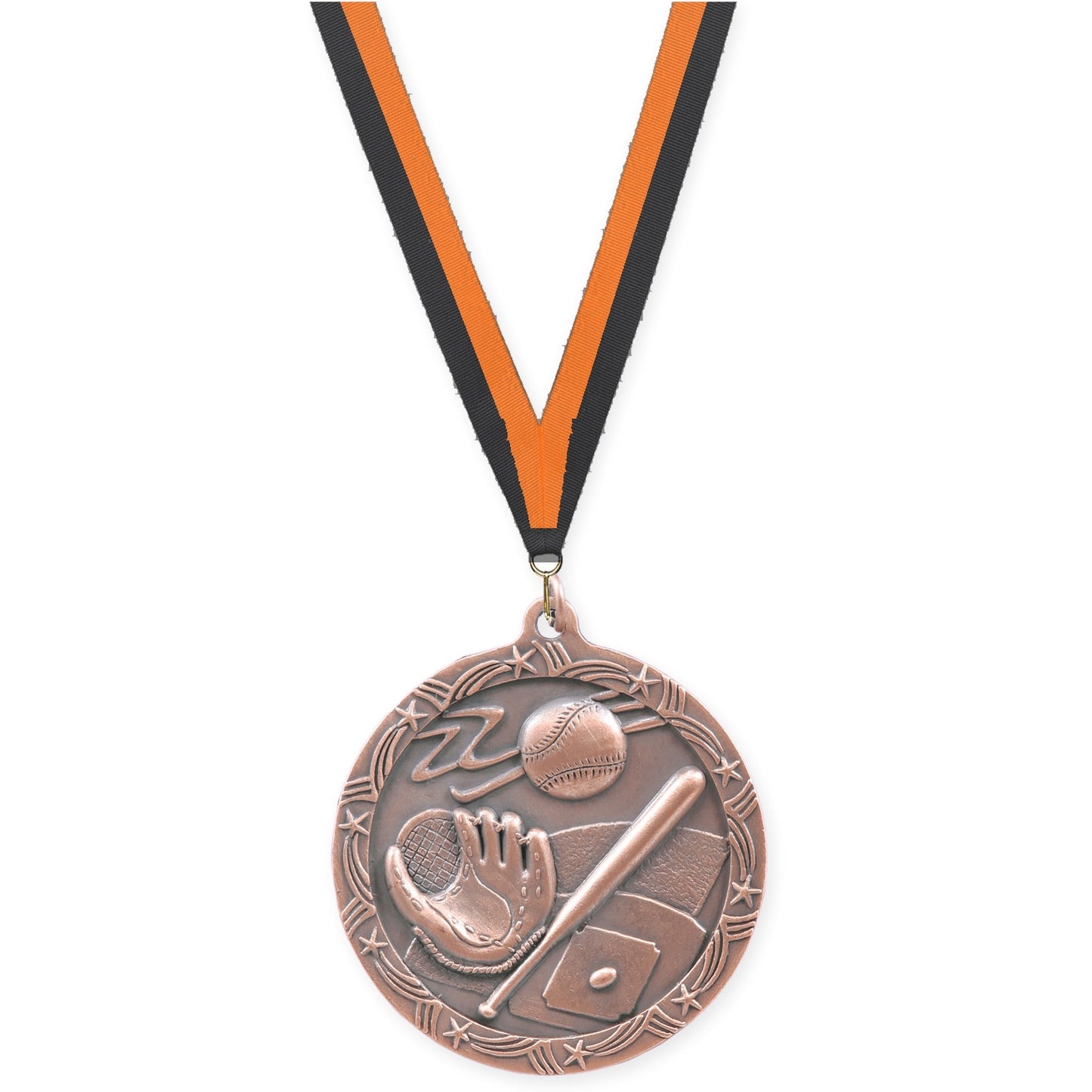 2 1/2 inch baseball and softball Shooting Star medal in antique bronze with Black Orange neck ribbon
