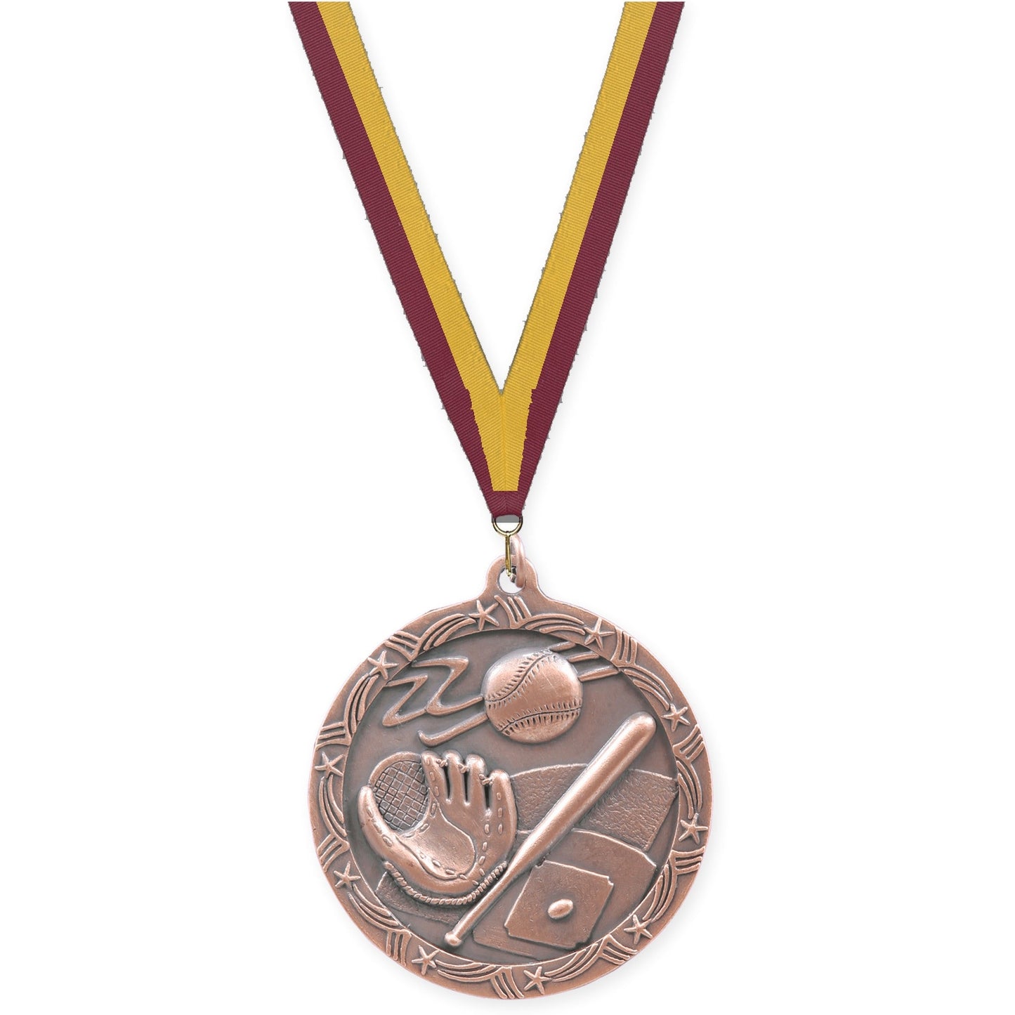 2 1/2 inch baseball and softball Shooting Star medal in antique bronze with Maroon Gold neck ribbon