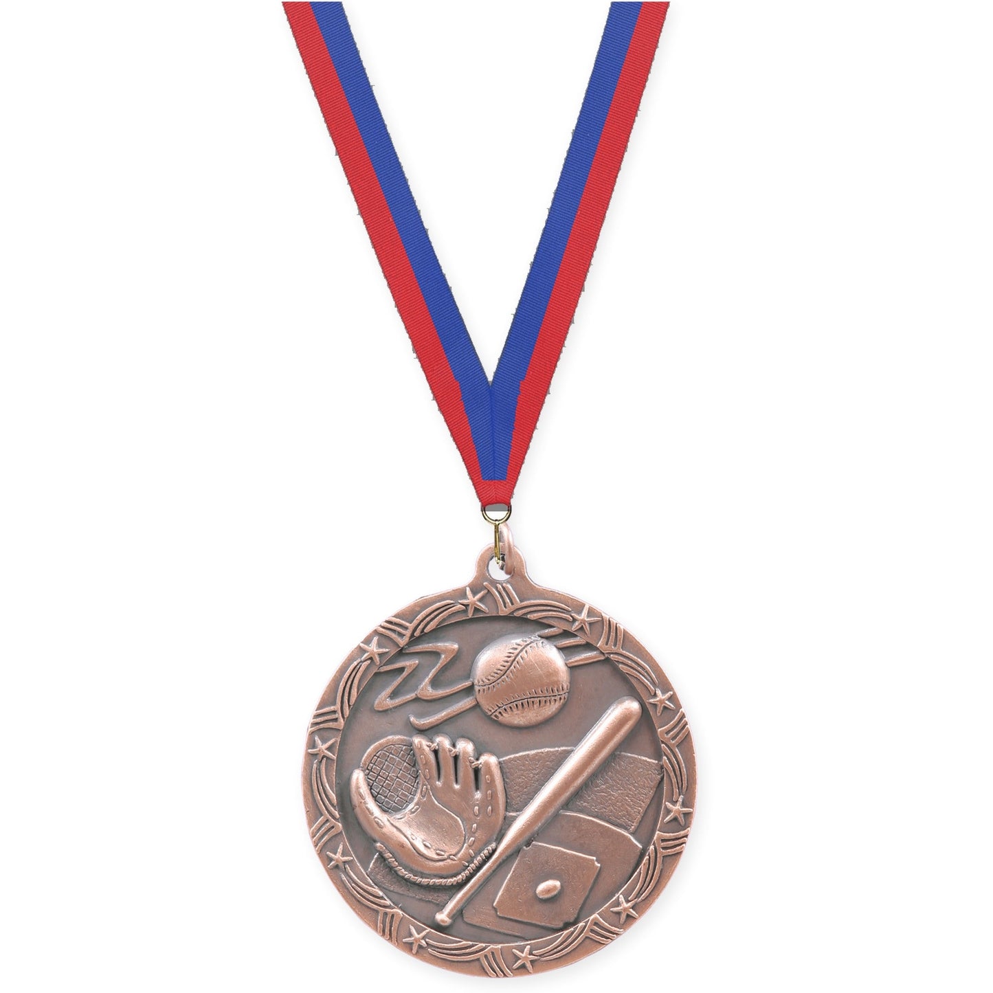 2 1/2 inch baseball and softball Shooting Star medal in antique bronze with Blue Red neck ribbon