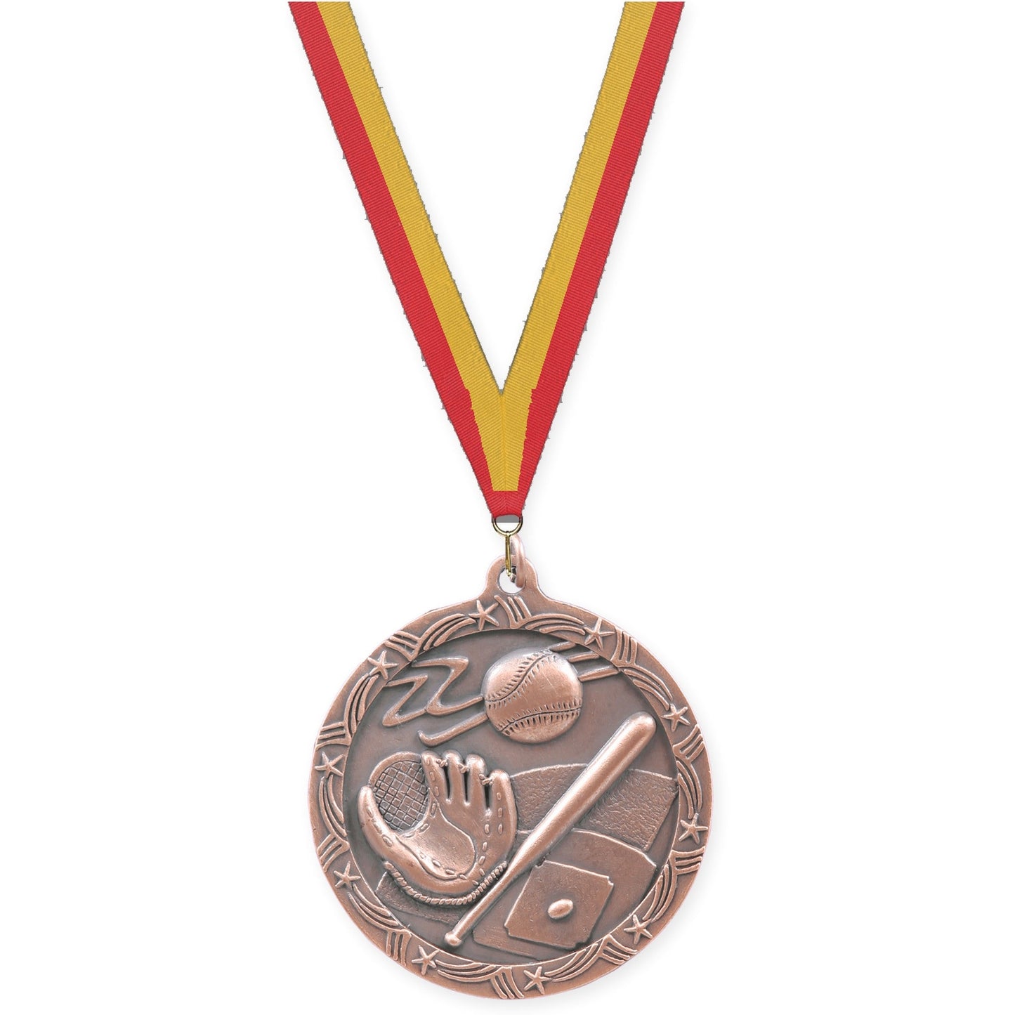 2 1/2 inch baseball and softball Shooting Star medal in antique bronze with Red Gold neck ribbon