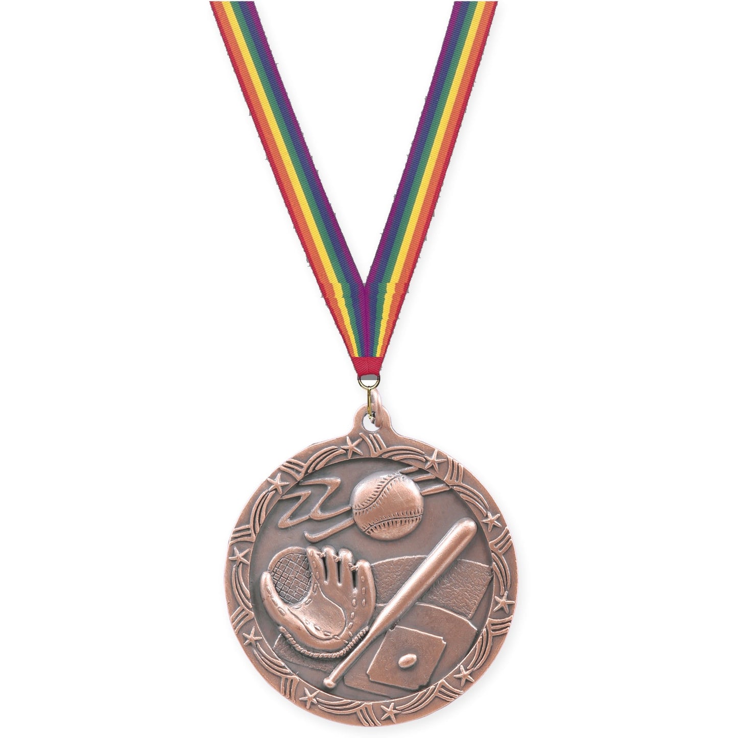 2 1/2 inch baseball and softball Shooting Star medal in antique bronze with Rainbow neck ribbon
