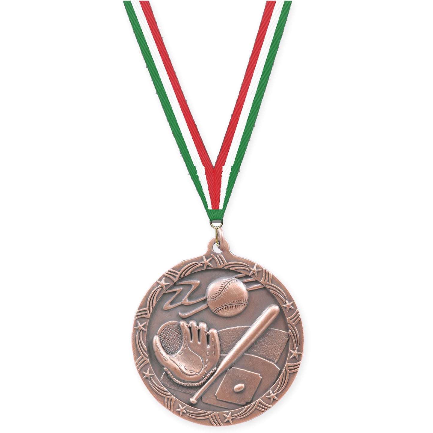 2 1/2 inch baseball and softball Shooting Star medal in antique bronze with Green White Red neck ribbon