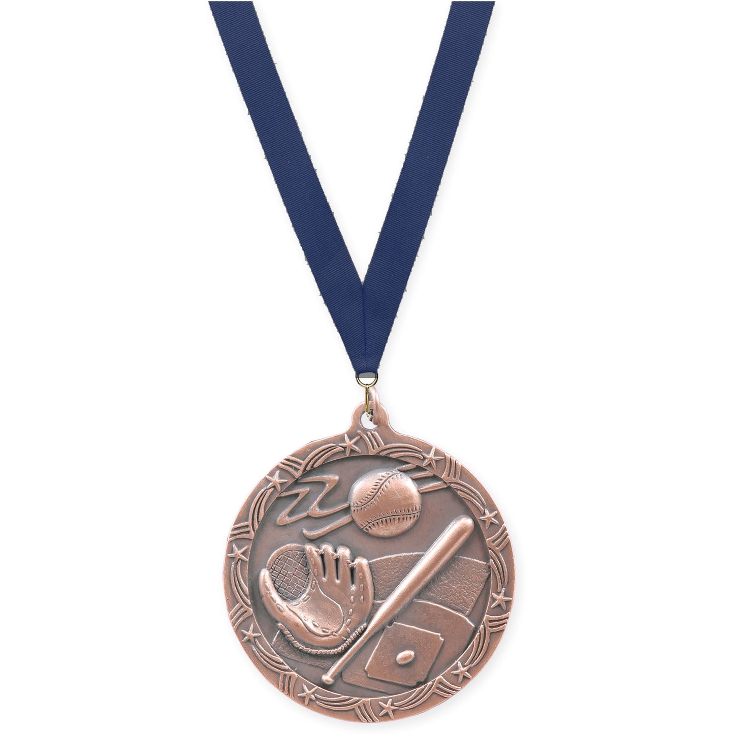 2 1/2 inch baseball and softball Shooting Star medal in antique bronze with Navy neck ribbon