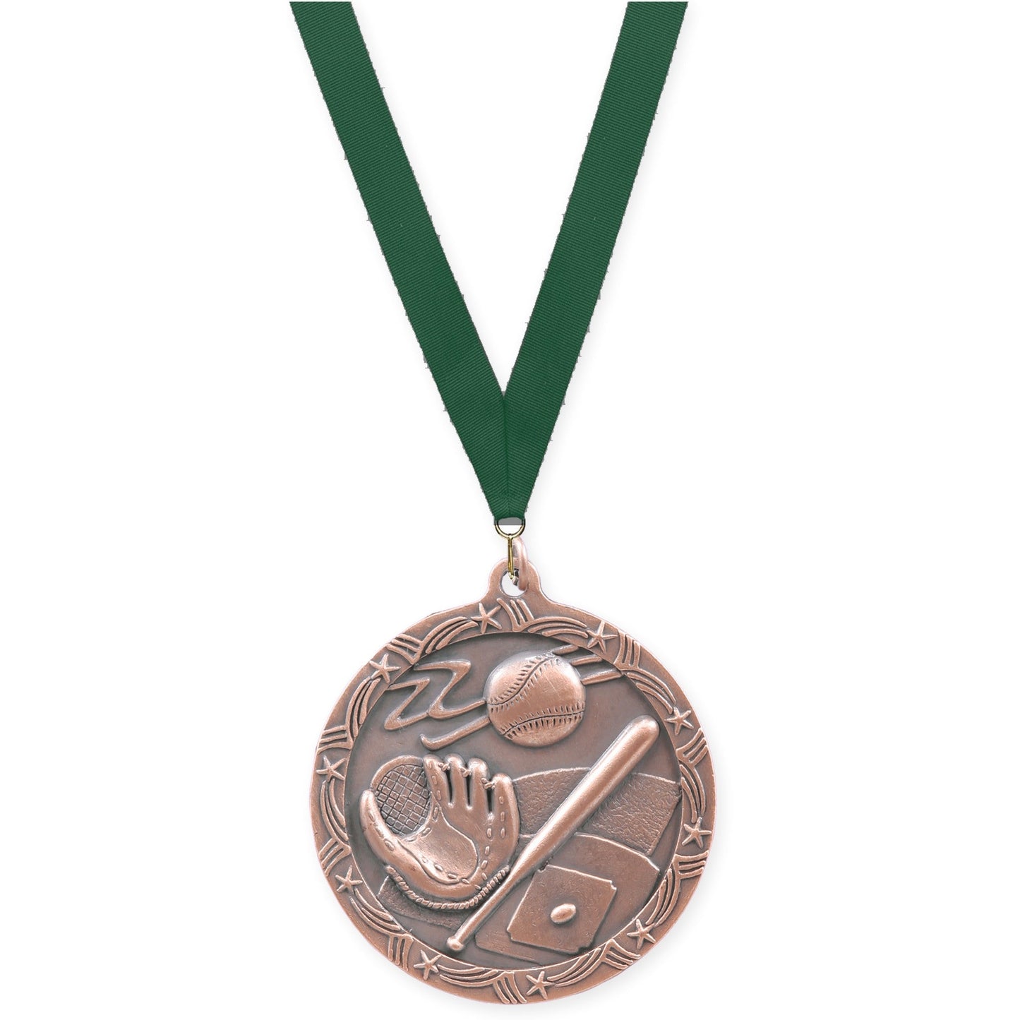 2 1/2 inch baseball and softball Shooting Star medal in antique bronze with Hunter Green neck ribbon