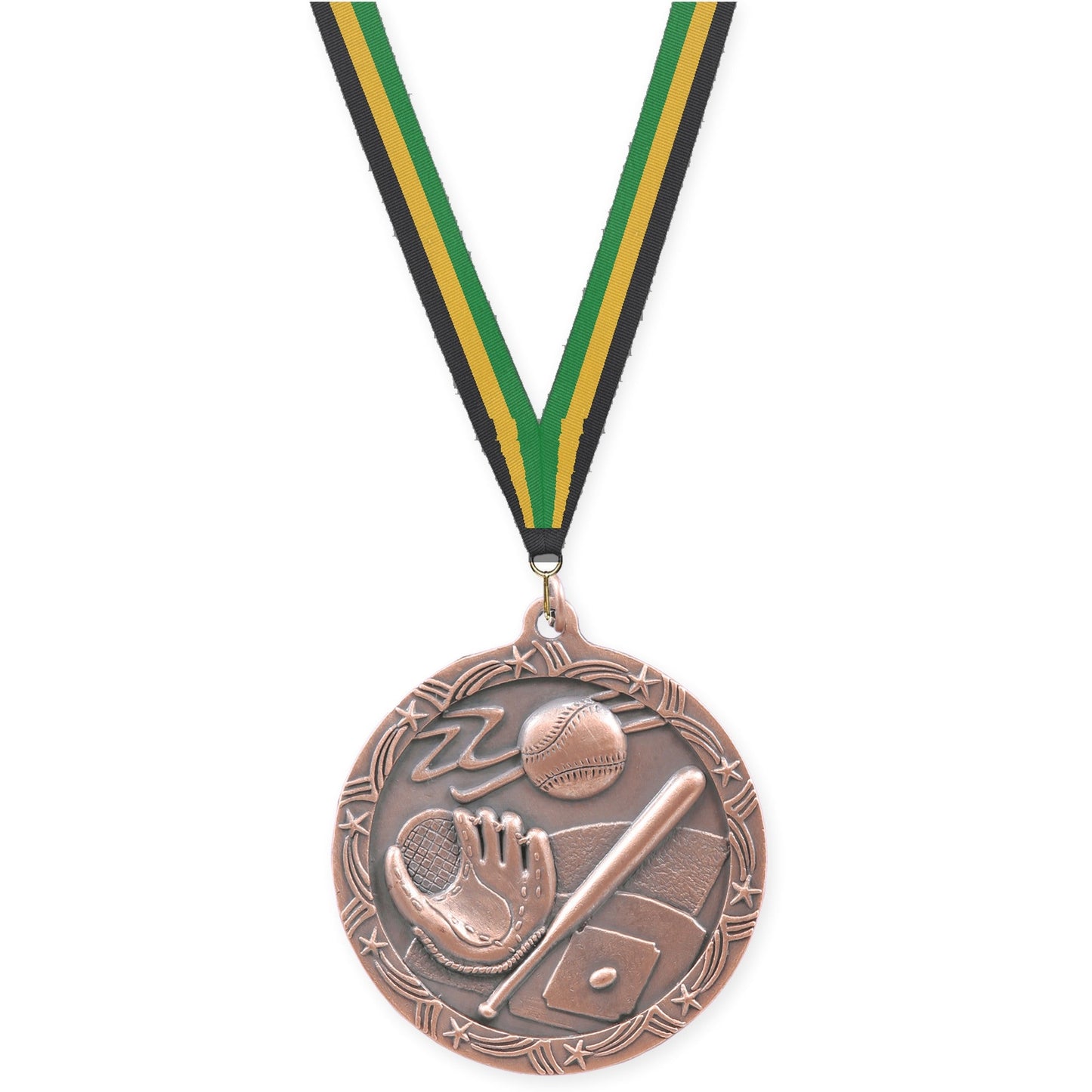 2 1/2 inch baseball and softball Shooting Star medal in antique bronze with Black Gold Green neck ribbon