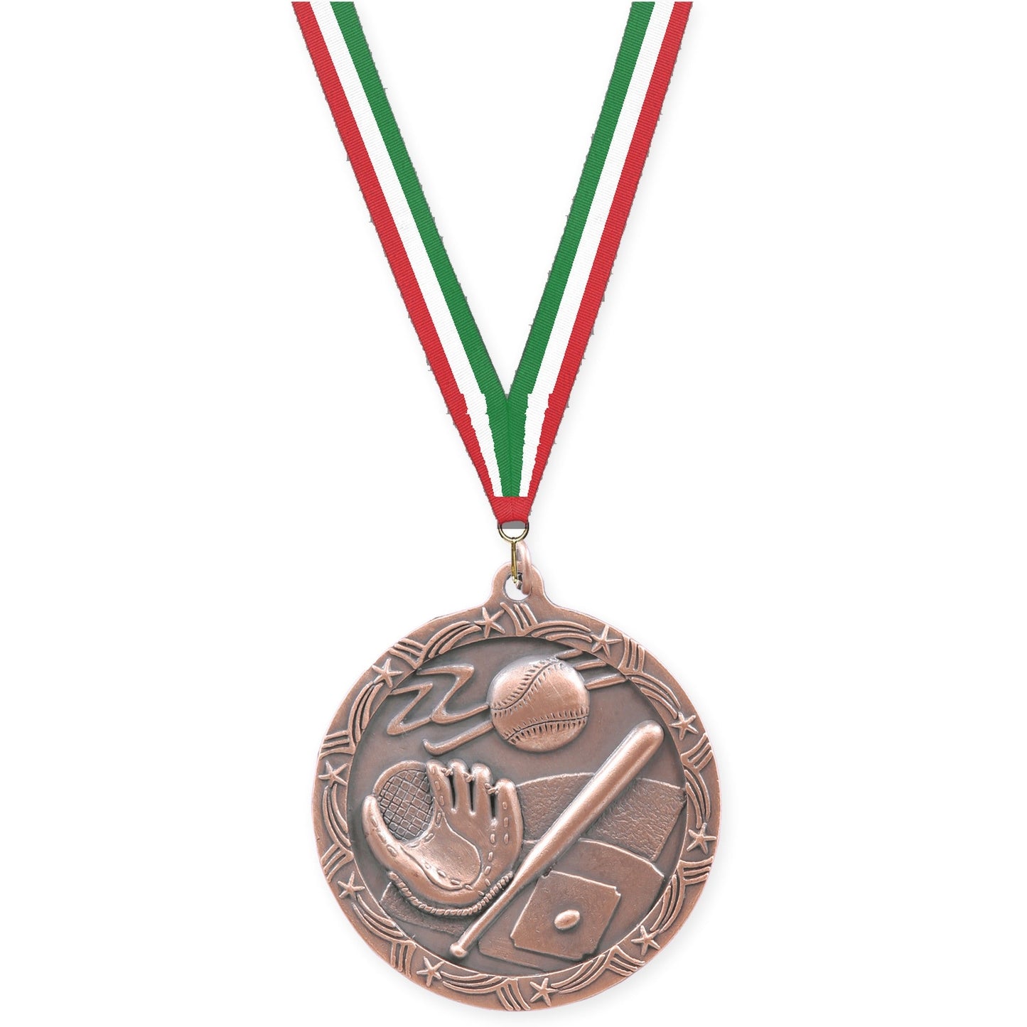 2 1/2 inch baseball and softball Shooting Star medal in antique bronze with Red White Green neck ribbon