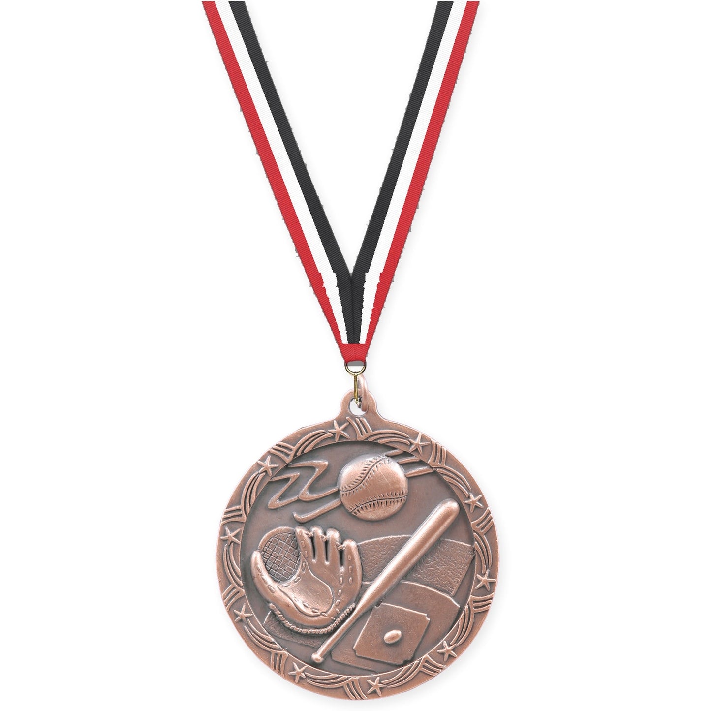 2 1/2 inch baseball and softball Shooting Star medal in antique bronze with Red White Black neck ribbon
