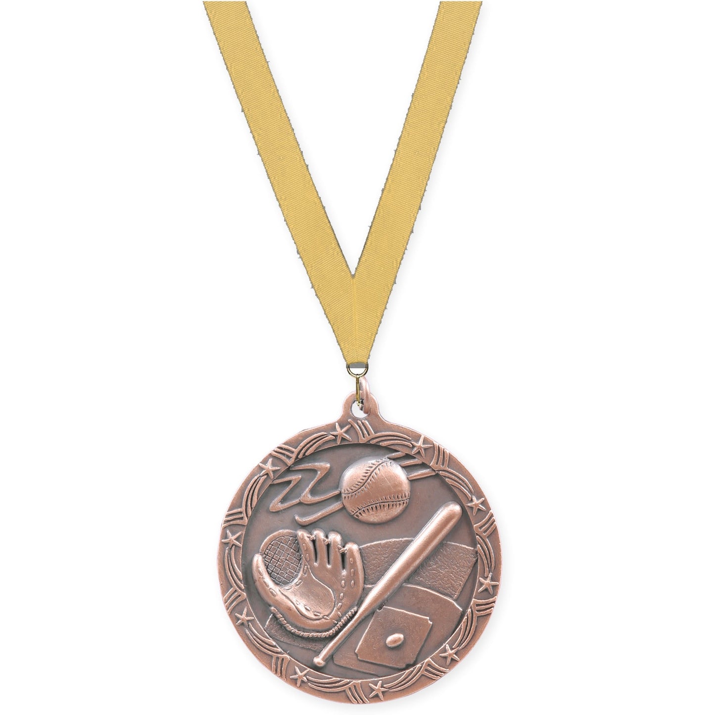 2 1/2 inch baseball and softball Shooting Star medal in antique bronze with Gold Metallic neck ribbon