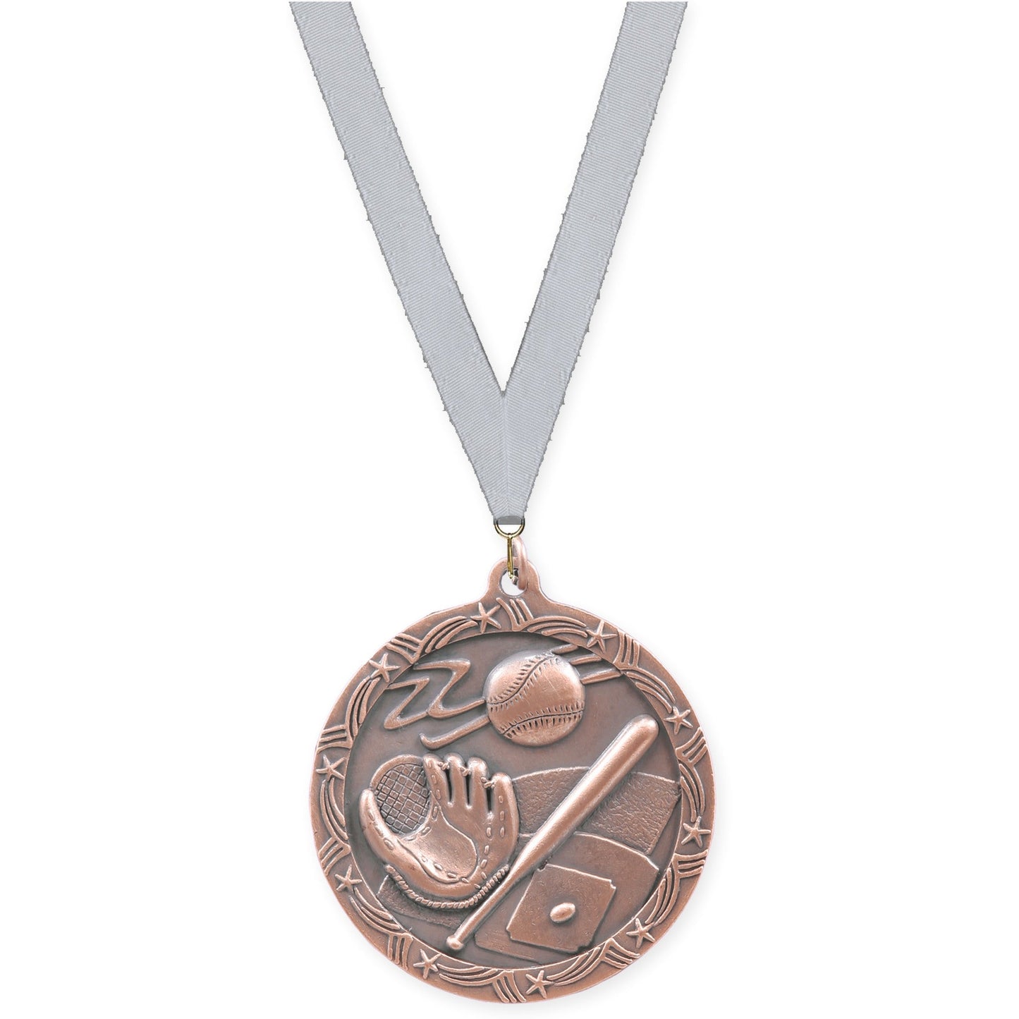 2 1/2 inch baseball and softball Shooting Star medal in antique bronze with Silver Metallic neck ribbon