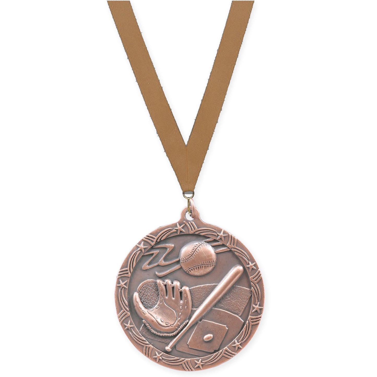 2 1/2 inch baseball and softball Shooting Star medal in antique bronze with Bronze Metallic neck ribbon