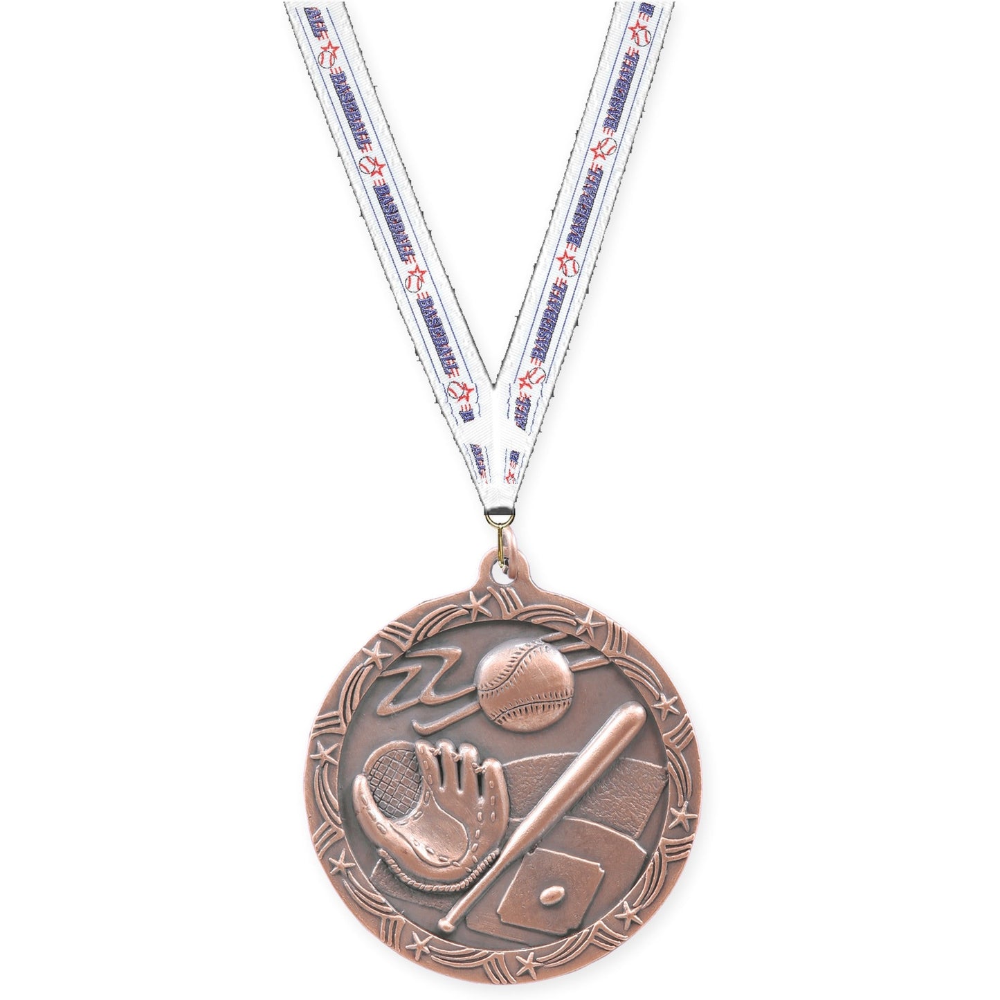 2 1/2 inch baseball and softball Shooting Star medal in antique bronze with Baseball neck ribbon