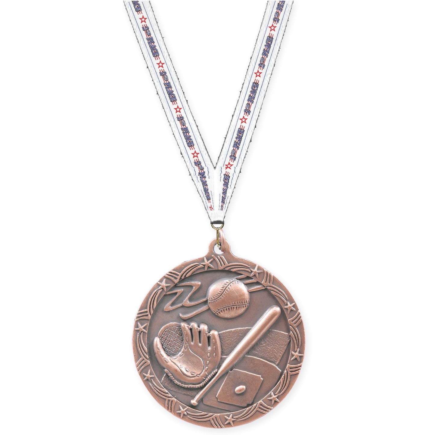 2 1/2 inch baseball and softball Shooting Star medal in antique bronze with 2nd Place neck ribbon