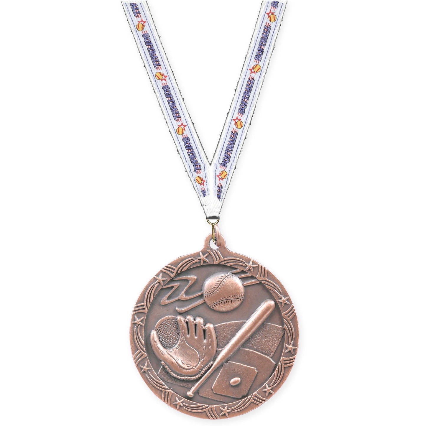 2 1/2 inch baseball and softball Shooting Star medal in antique bronze with Softball neck ribbon