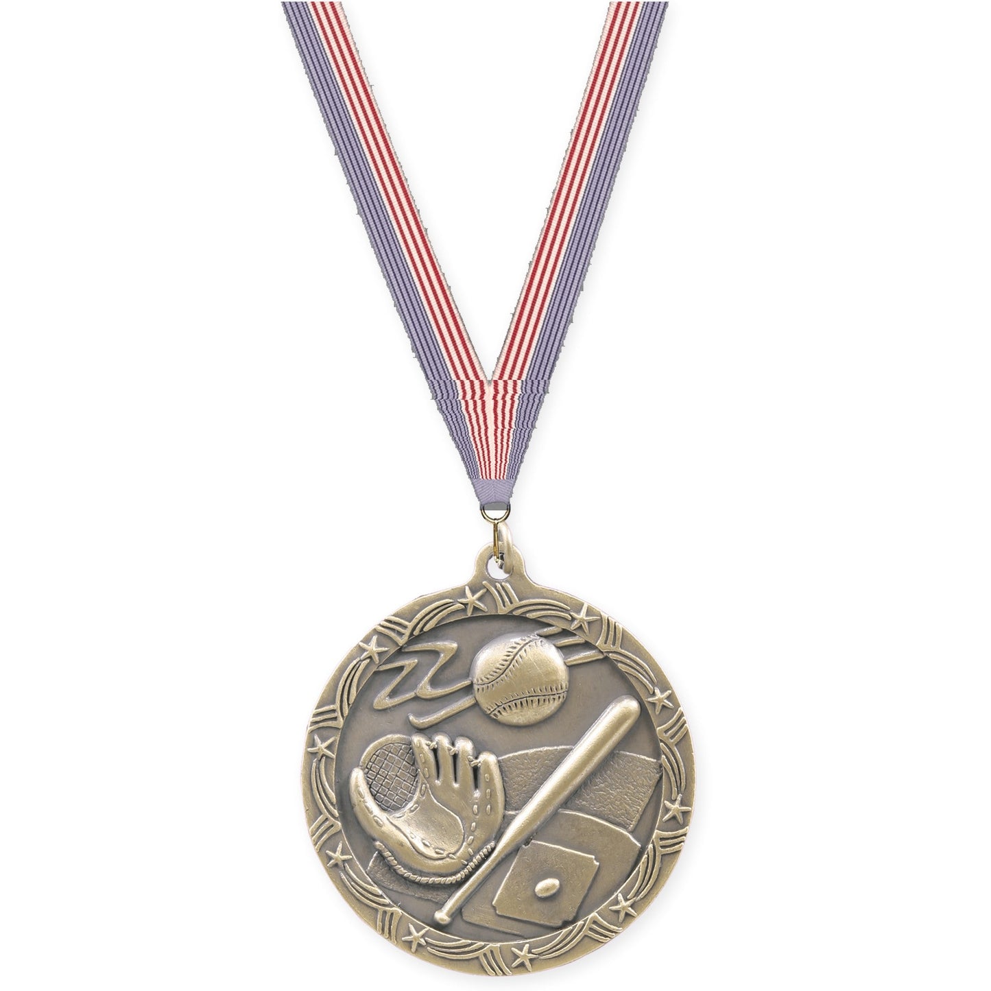 2 1/2 inch baseball and softball Shooting Star medal in antique gold with USA Flag neck ribbon