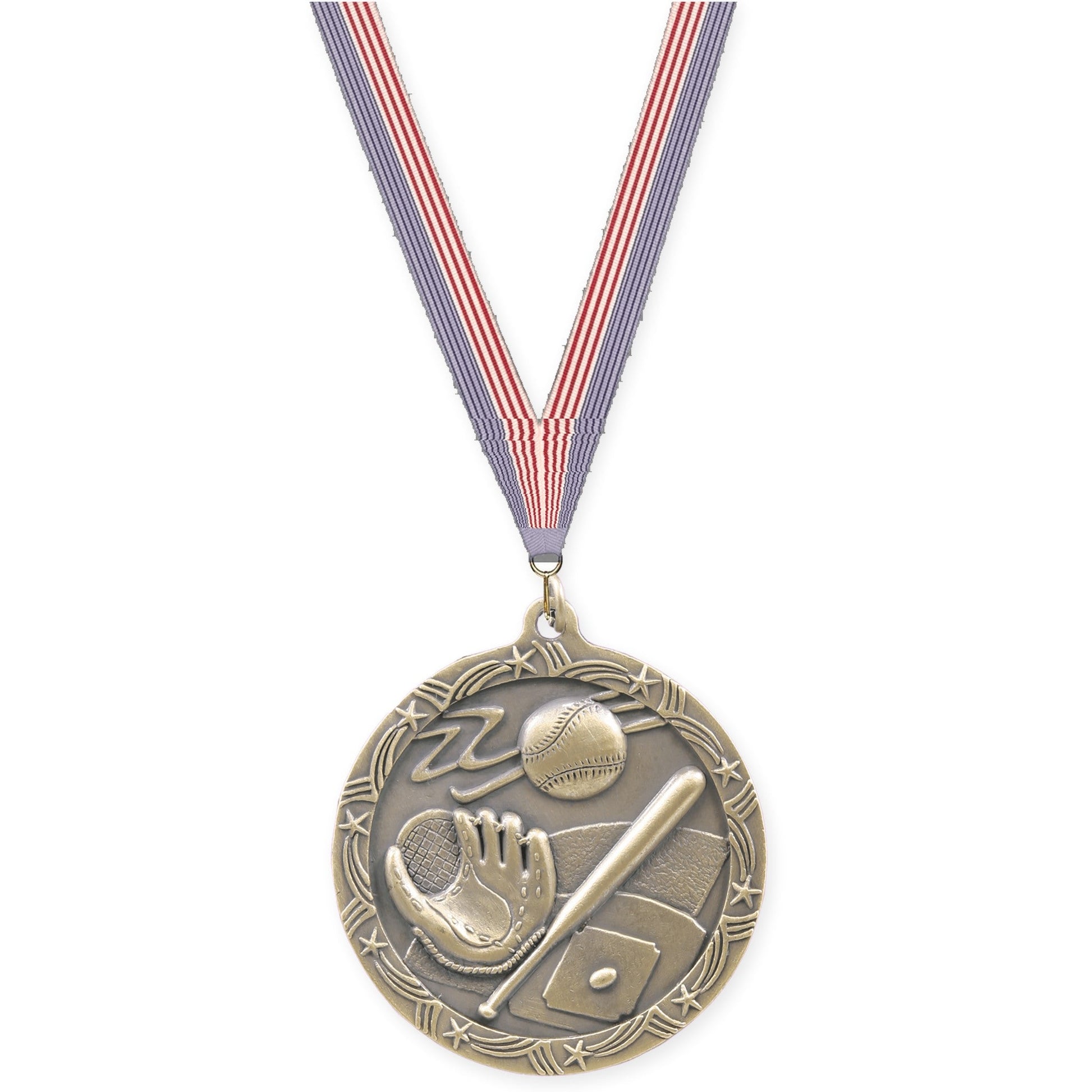 2 1/2 inch baseball and softball Shooting Star medal in antique gold with USA Flag neck ribbon