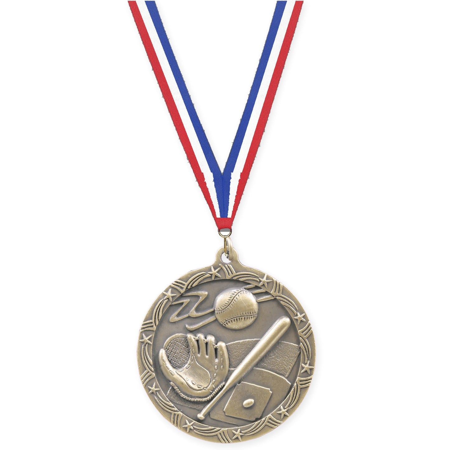 2 1/2 inch baseball and softball Shooting Star medal in antique gold with Red White Blue neck ribbon