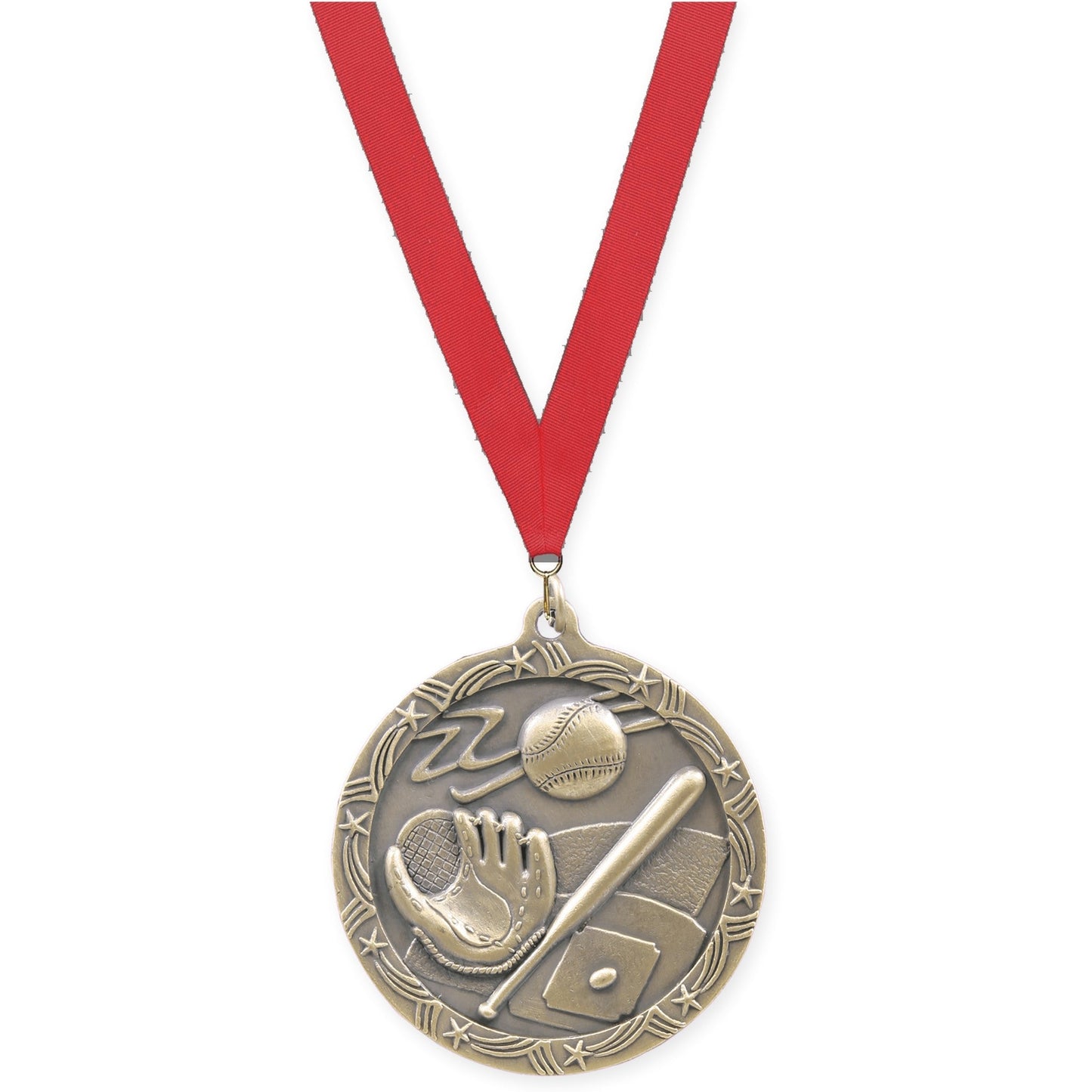 2 1/2 inch baseball and softball Shooting Star medal in antique gold with Red neck ribbon