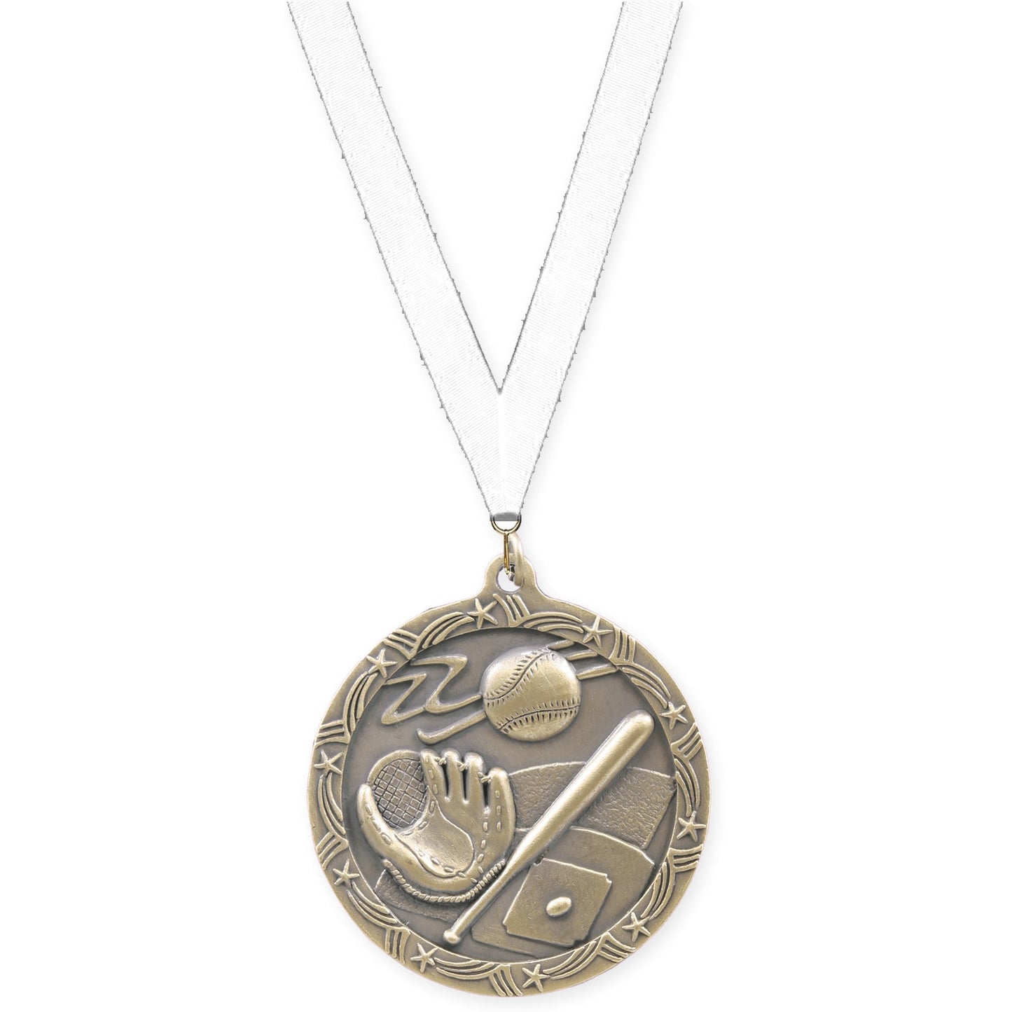 2 1/2 inch baseball and softball Shooting Star medal in antique gold with White neck ribbon