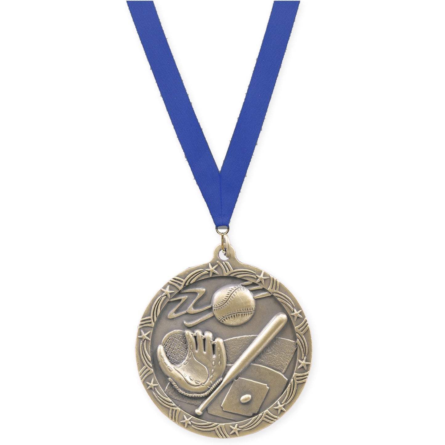 2 1/2 inch baseball and softball Shooting Star medal in antique gold with Blue neck ribbon