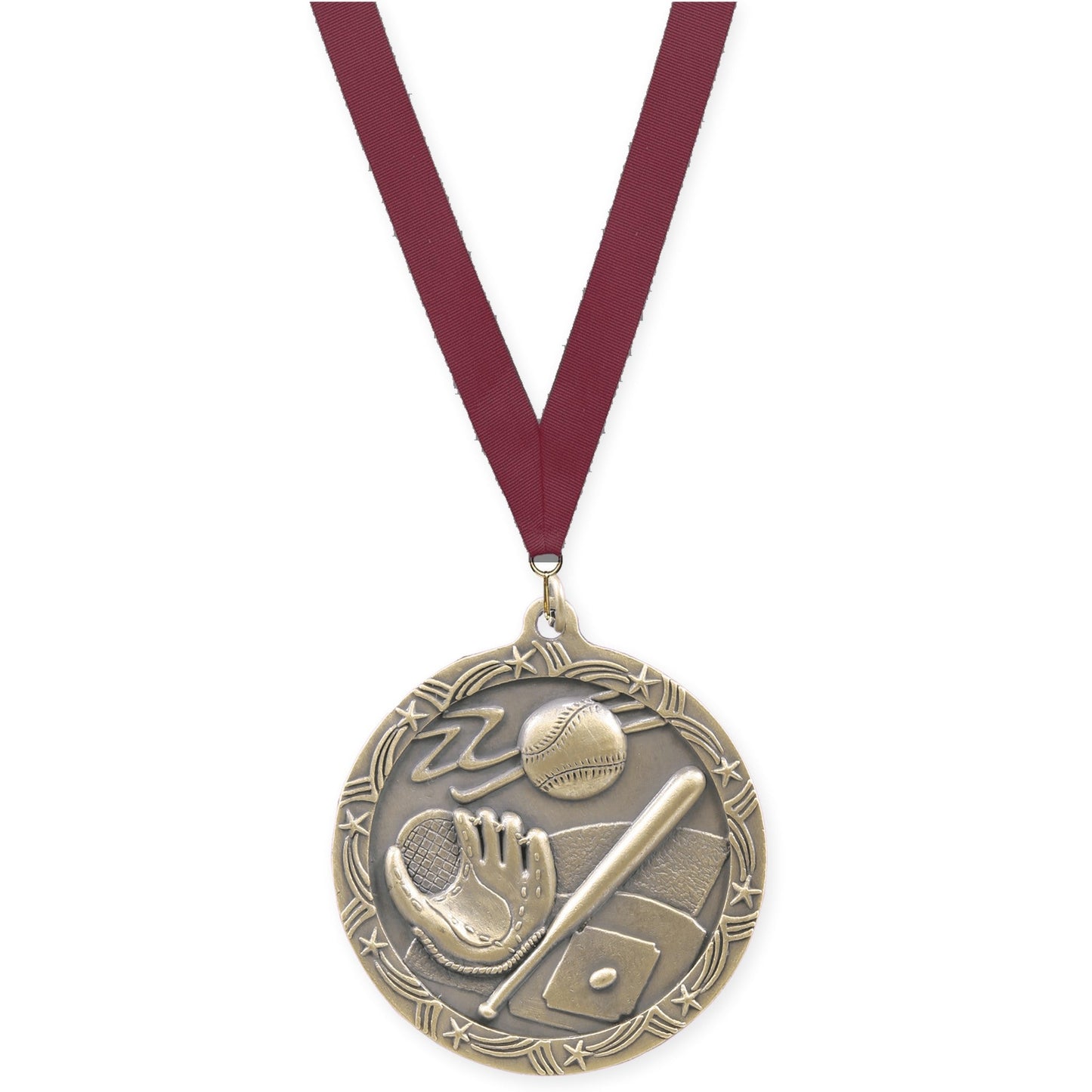 2 1/2 inch baseball and softball Shooting Star medal in antique gold with Maroon neck ribbon