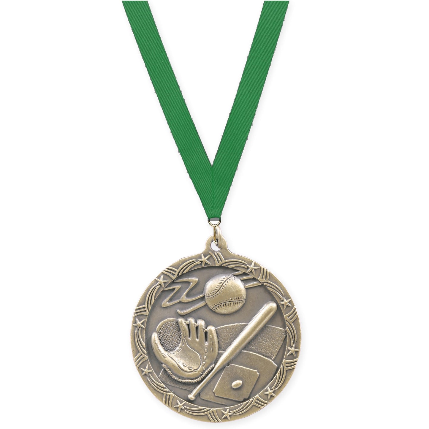 2 1/2 inch baseball and softball Shooting Star medal in antique gold with Green neck ribbon