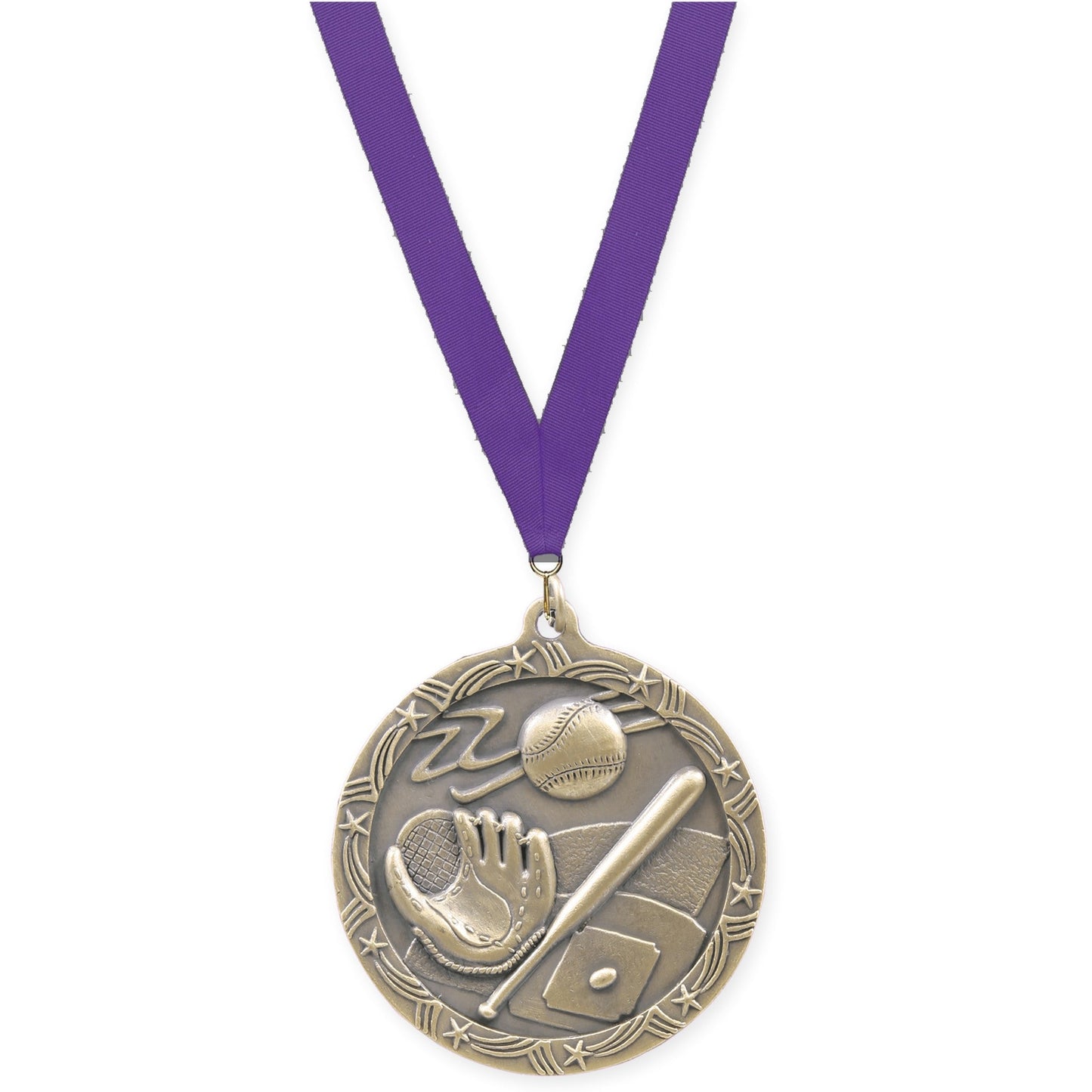 2 1/2 inch baseball and softball Shooting Star medal in antique gold with Purple neck ribbon