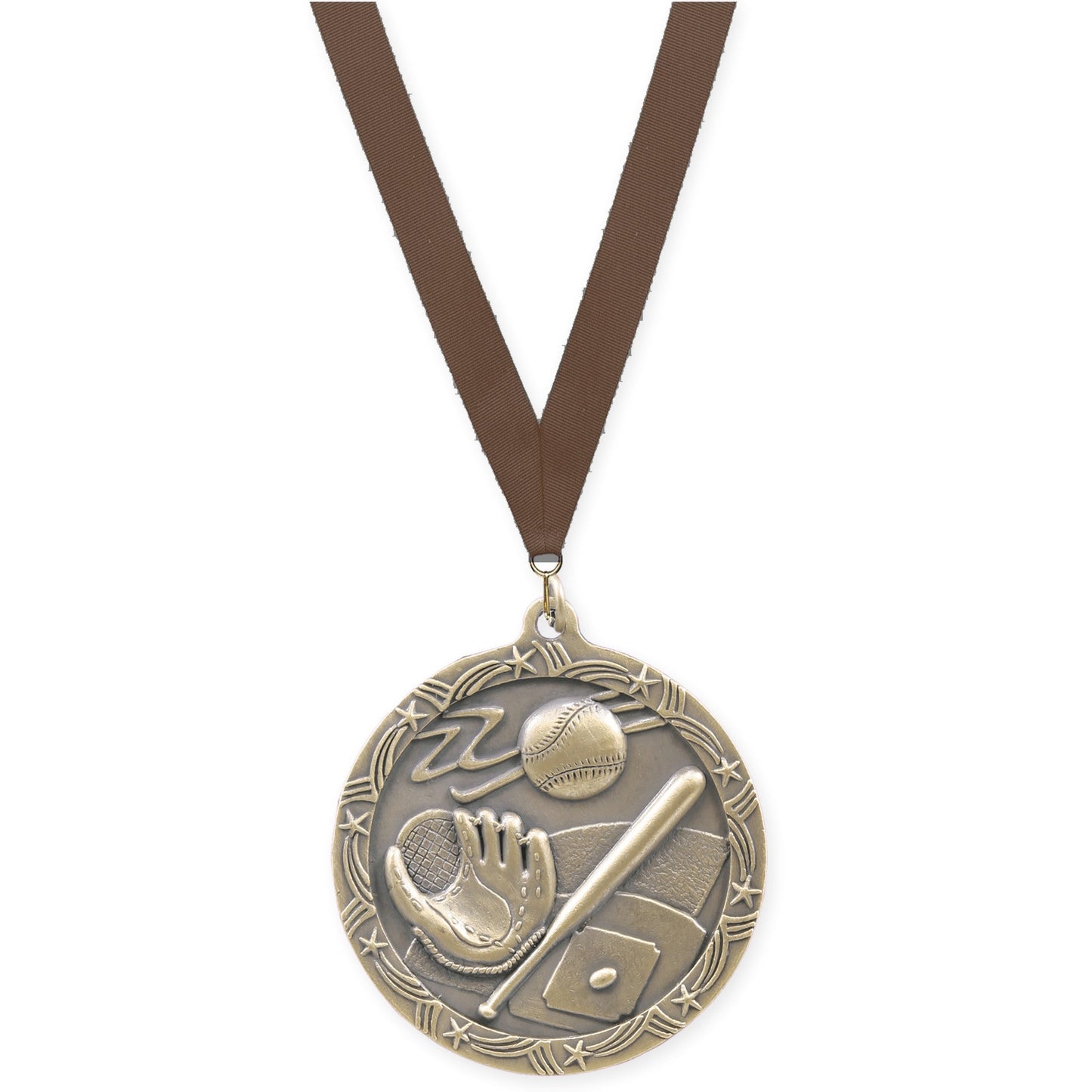 2 1/2 inch baseball and softball Shooting Star medal in antique gold with Brown neck ribbon