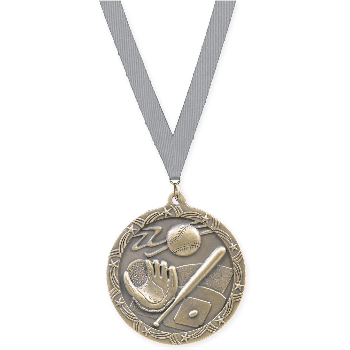 2 1/2 inch baseball and softball Shooting Star medal in antique gold with Gray neck ribbon