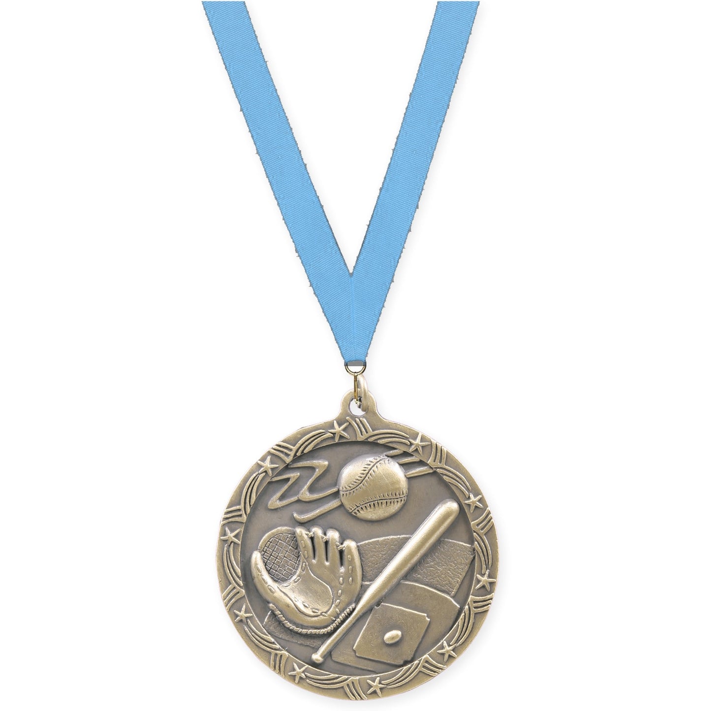 2 1/2 inch baseball and softball Shooting Star medal in antique gold with Light Blue neck ribbon
