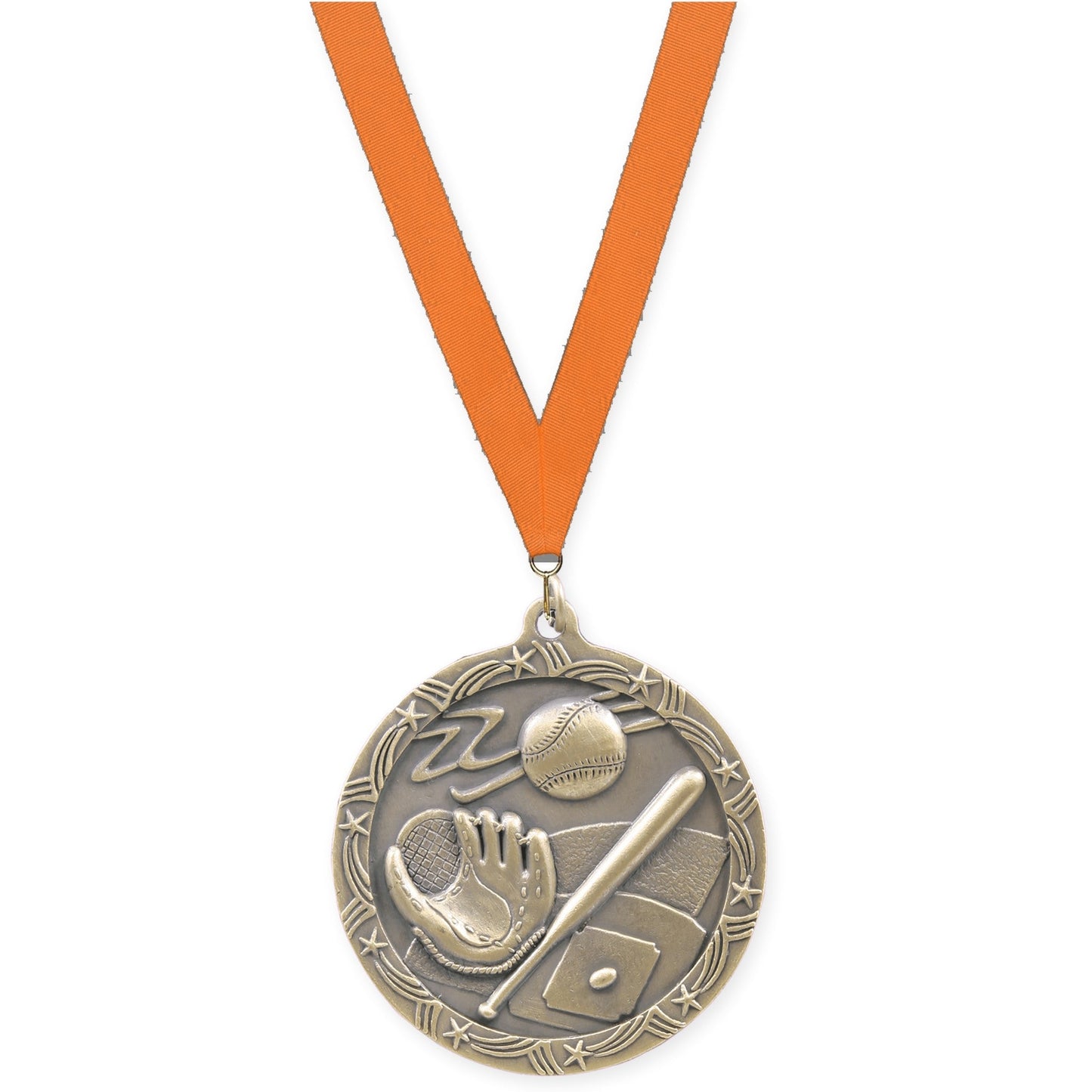 2 1/2 inch baseball and softball Shooting Star medal in antique gold with Orange neck ribbon