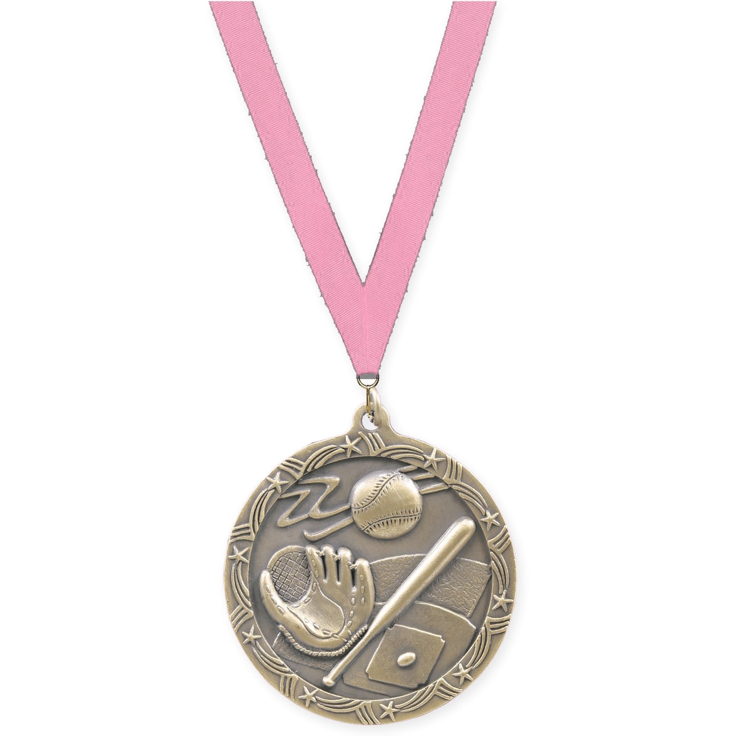 2 1/2 inch baseball and softball Shooting Star medal in antique gold with Pink neck ribbon