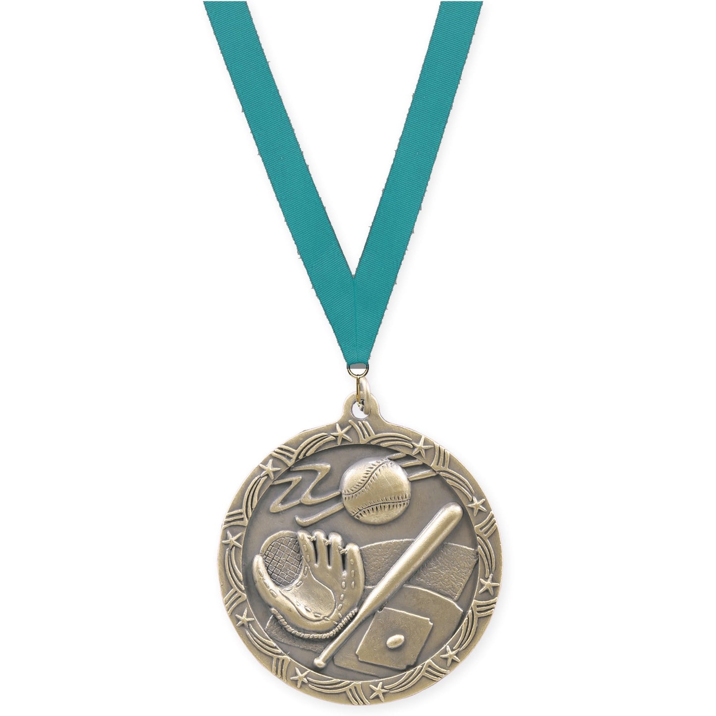 2 1/2 inch baseball and softball Shooting Star medal in antique gold with Teal neck ribbon