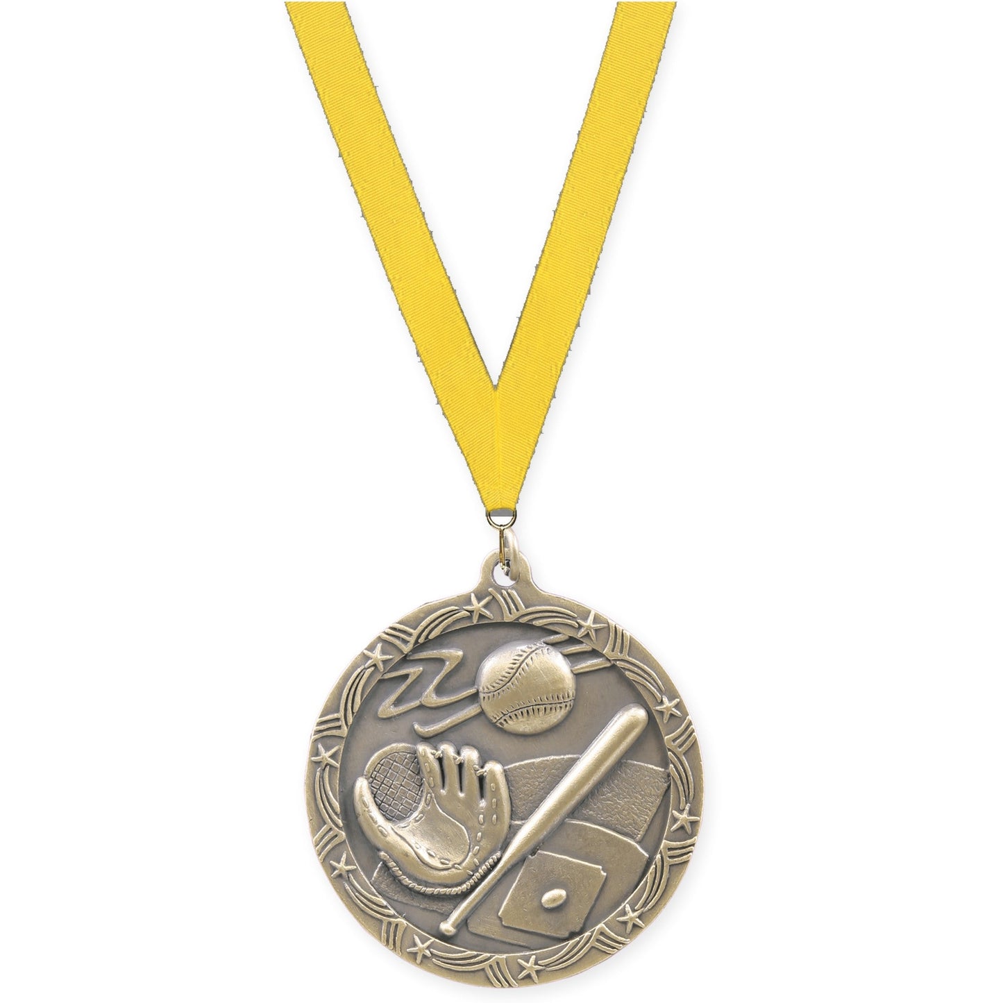 2 1/2 inch baseball and softball Shooting Star medal in antique gold with Yellow neck ribbon