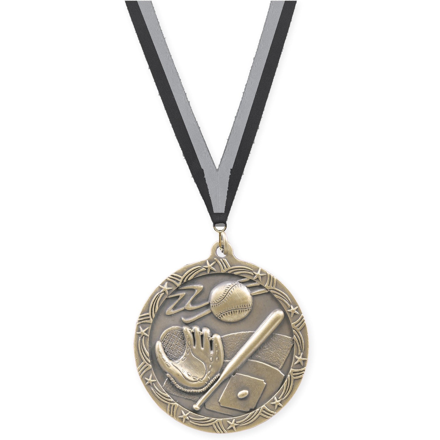 2 1/2 inch baseball and softball Shooting Star medal in antique gold with Black Gray neck ribbon