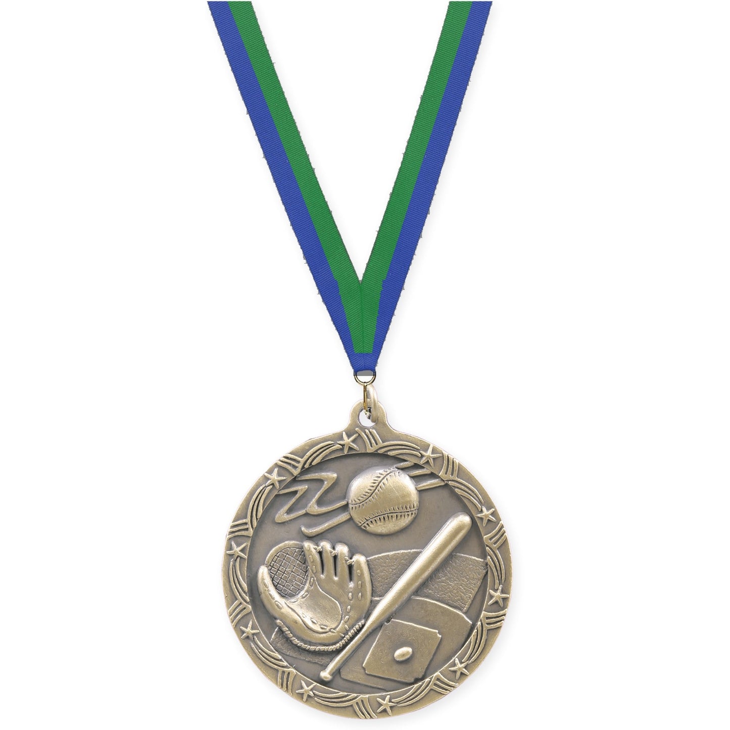 2 1/2 inch baseball and softball Shooting Star medal in antique gold with Blue Green neck ribbon