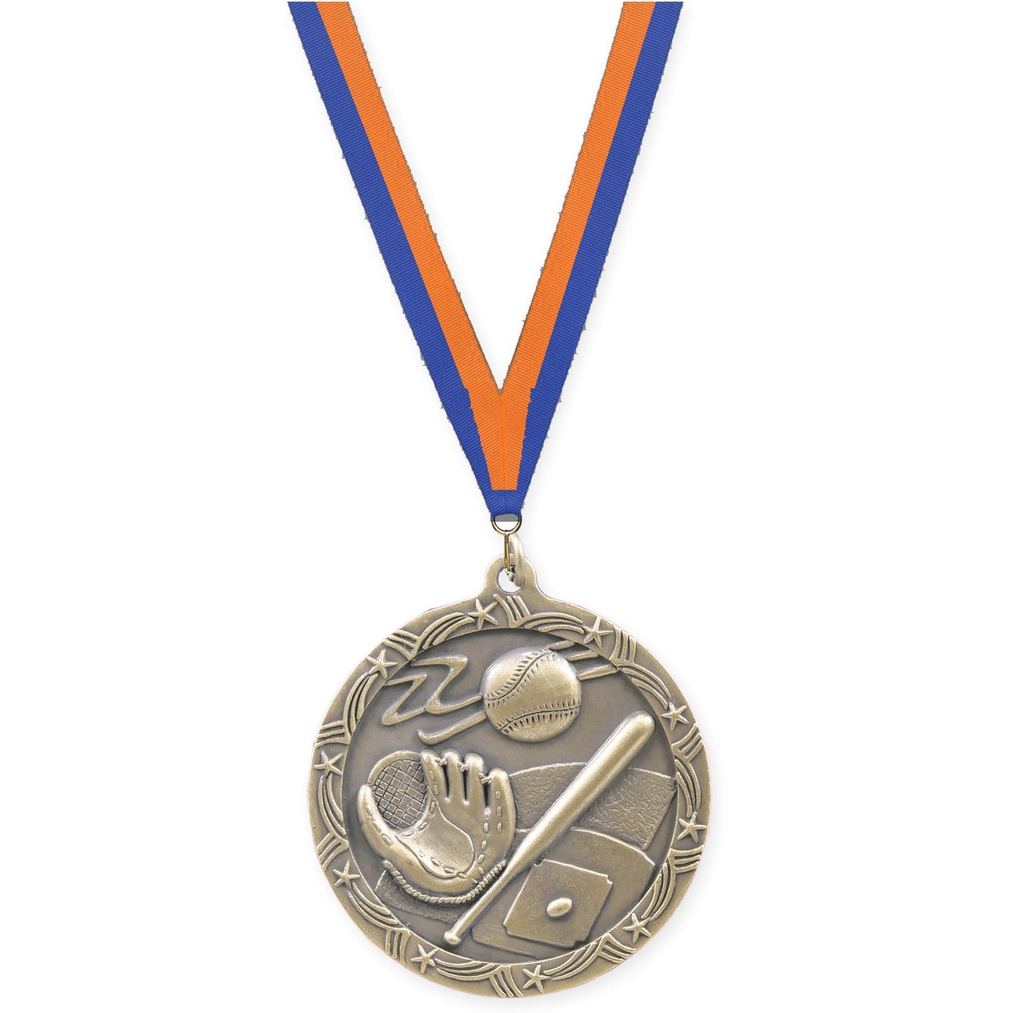 2 1/2 inch baseball and softball Shooting Star medal in antique gold with Blue Orange neck ribbon
