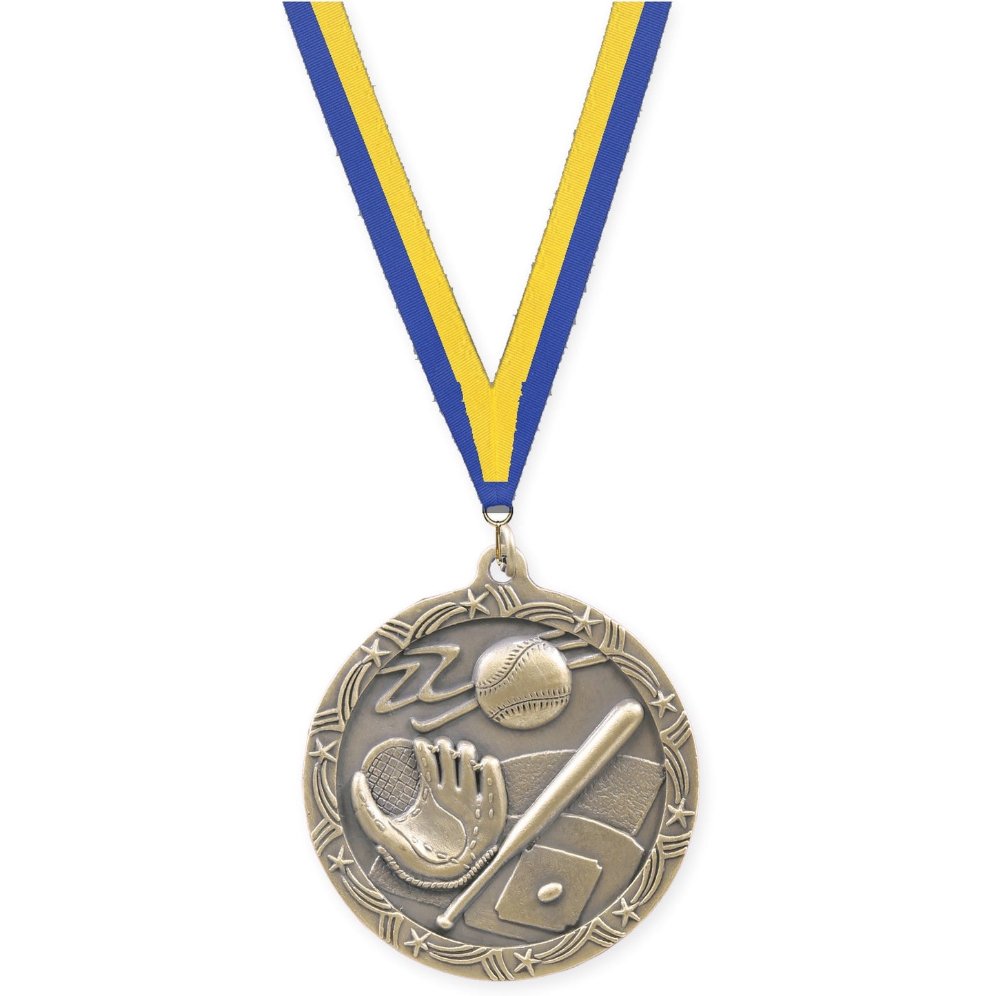 2 1/2 inch baseball and softball Shooting Star medal in antique gold with Blue Yellow neck ribbon