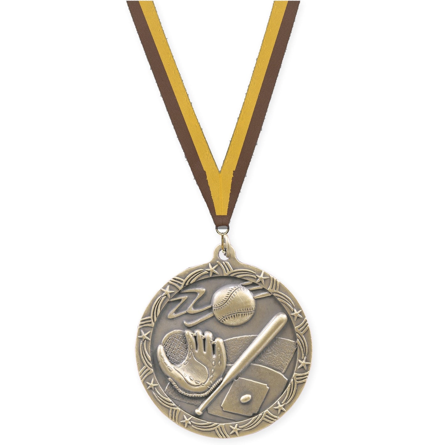 2 1/2 inch baseball and softball Shooting Star medal in antique gold with Brown Gold neck ribbon