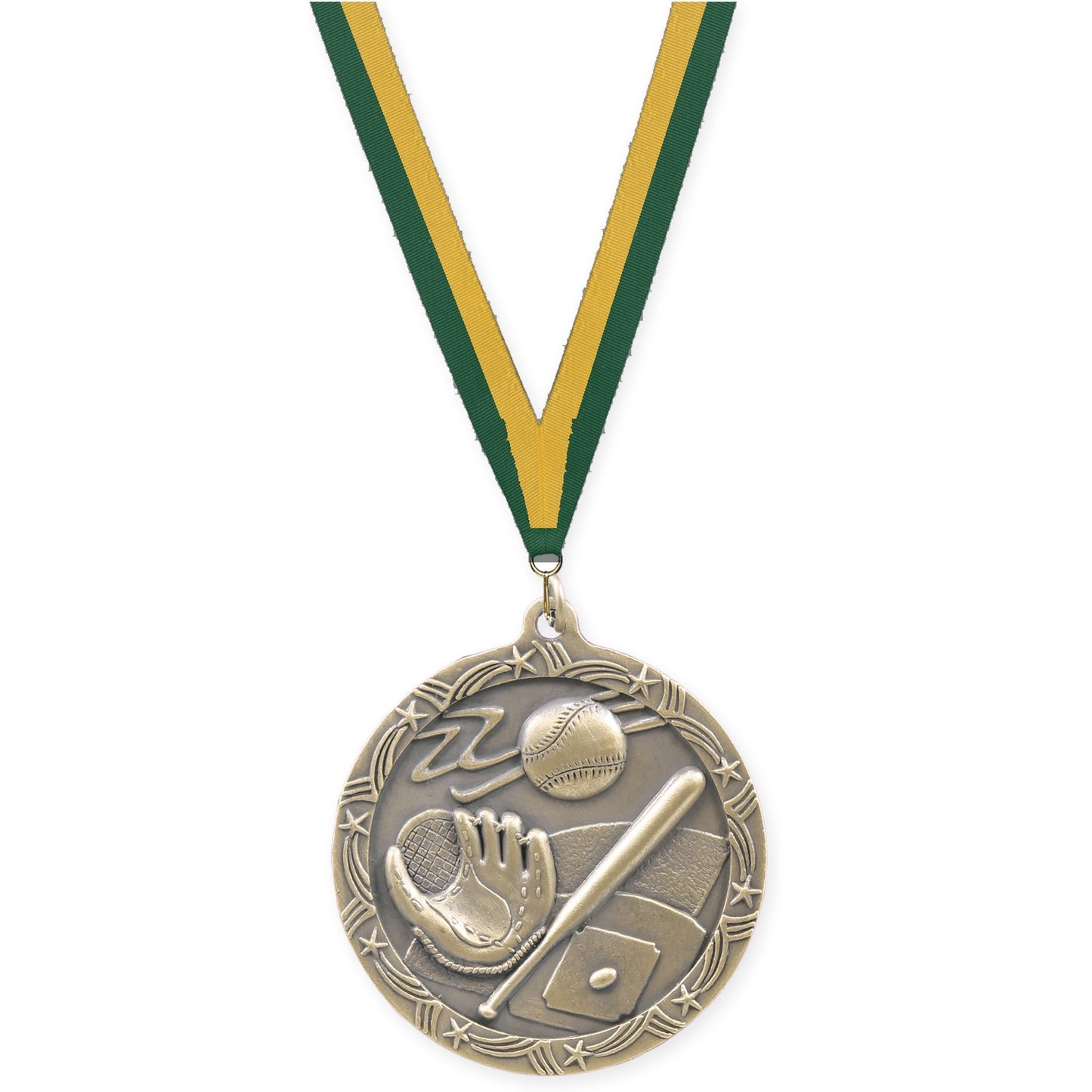 2 1/2 inch baseball and softball Shooting Star medal in antique gold with Hunter Green Gold neck ribbon