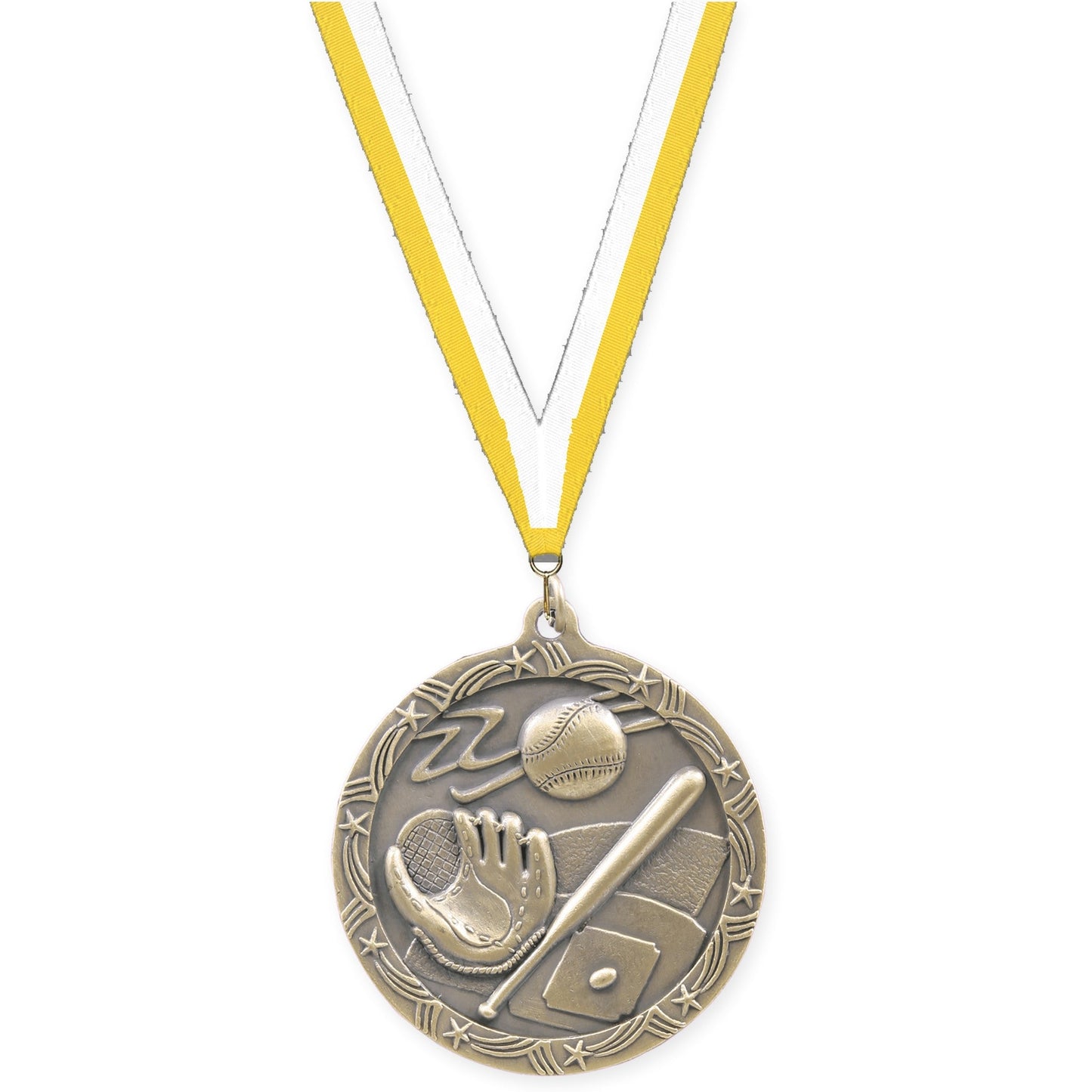 2 1/2 inch baseball and softball Shooting Star medal in antique gold with Yellow White neck ribbon