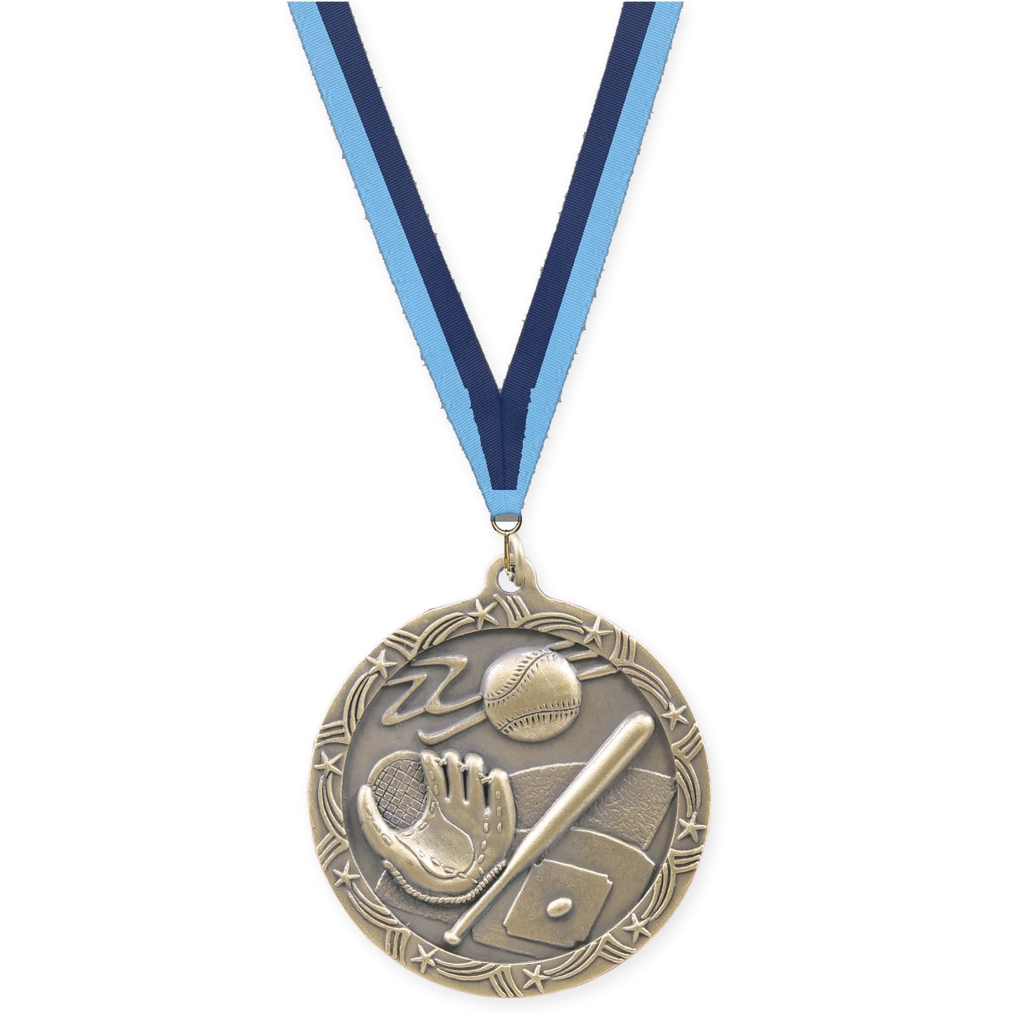 2 1/2 inch baseball and softball Shooting Star medal in antique gold with Light Blue Navy neck ribbon