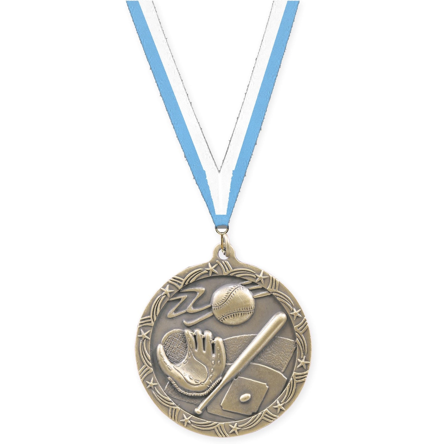 2 1/2 inch baseball and softball Shooting Star medal in antique gold with Light Blue White neck ribbon