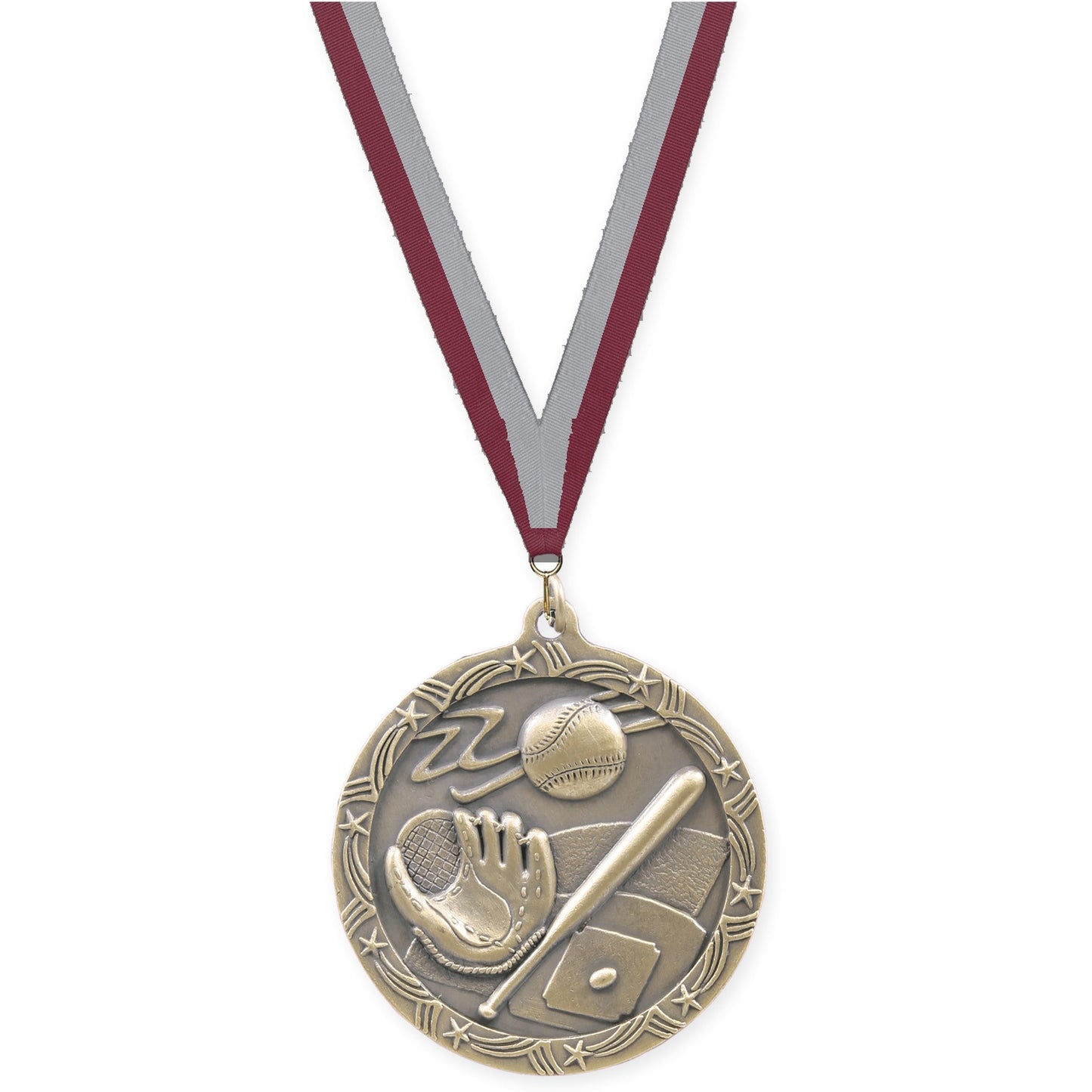 2 1/2 inch baseball and softball Shooting Star medal in antique gold with Maroon Gray neck ribbon