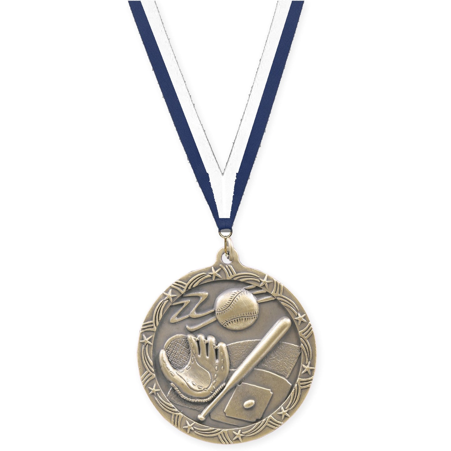 2 1/2 inch baseball and softball Shooting Star medal in antique gold with Navy White neck ribbon