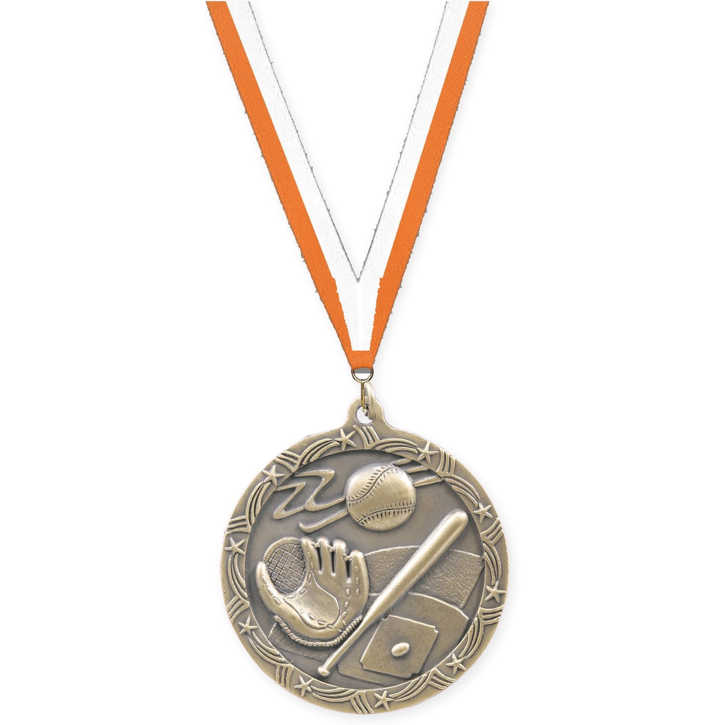 2 1/2 inch baseball and softball Shooting Star medal in antique gold with Orange White neck ribbon