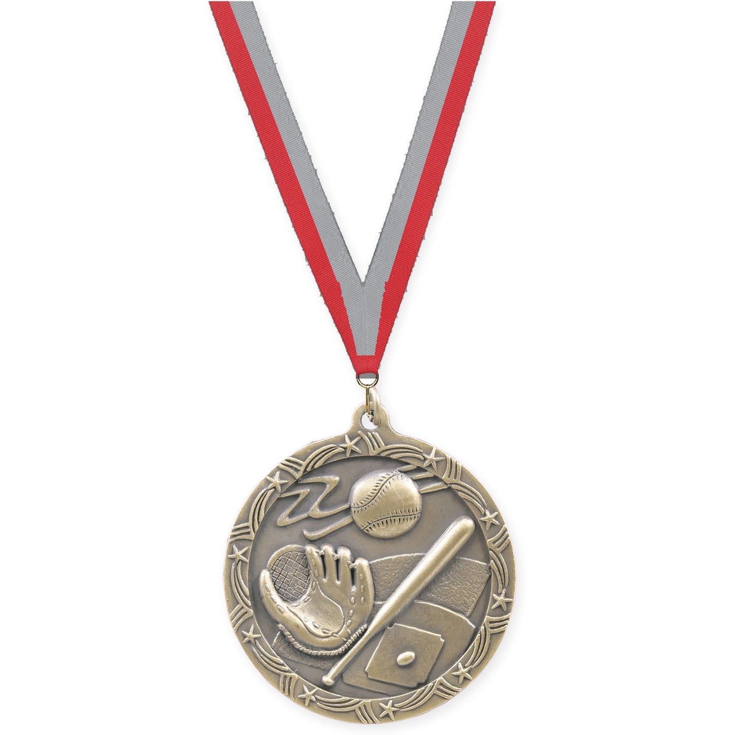 2 1/2 inch baseball and softball Shooting Star medal in antique gold with Red Gray neck ribbon