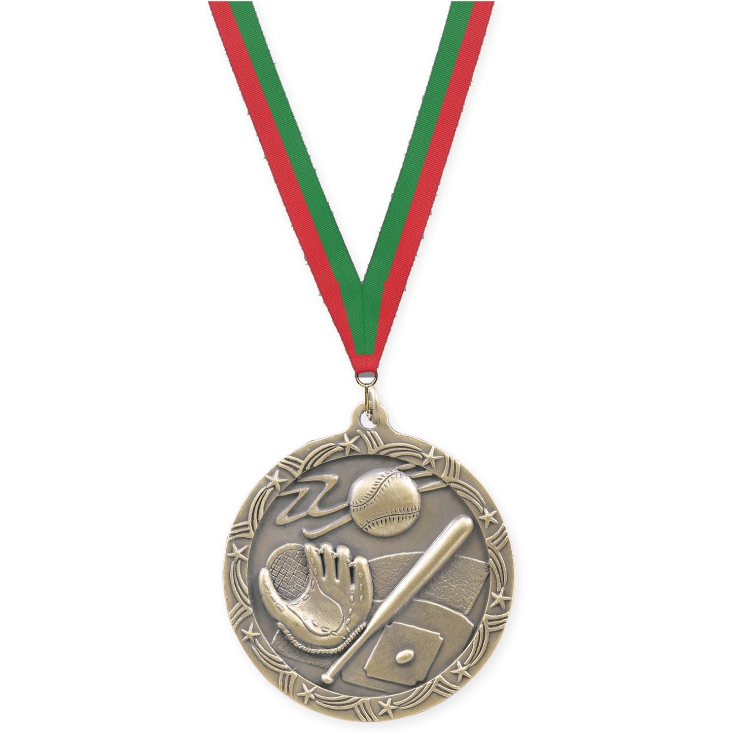 2 1/2 inch baseball and softball Shooting Star medal in antique gold with Red Green neck ribbon