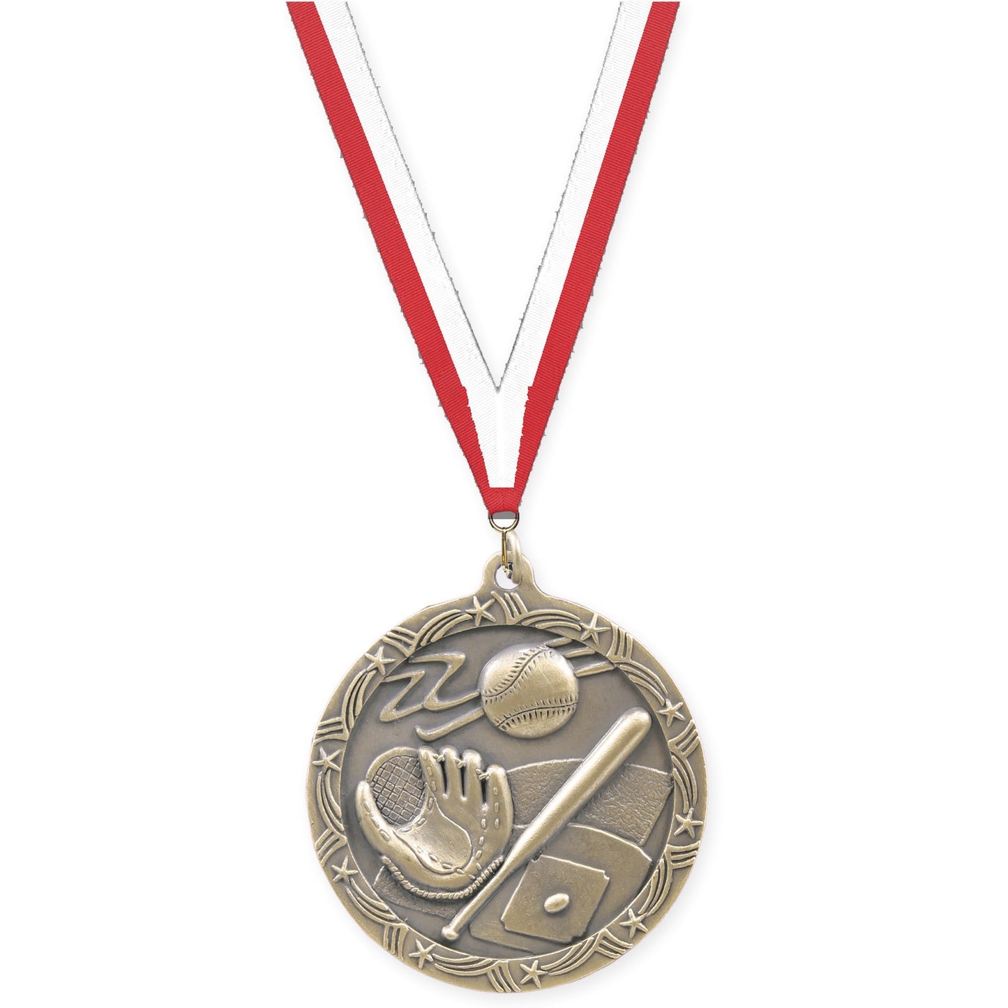 2 1/2 inch baseball and softball Shooting Star medal in antique gold with Red White neck ribbon