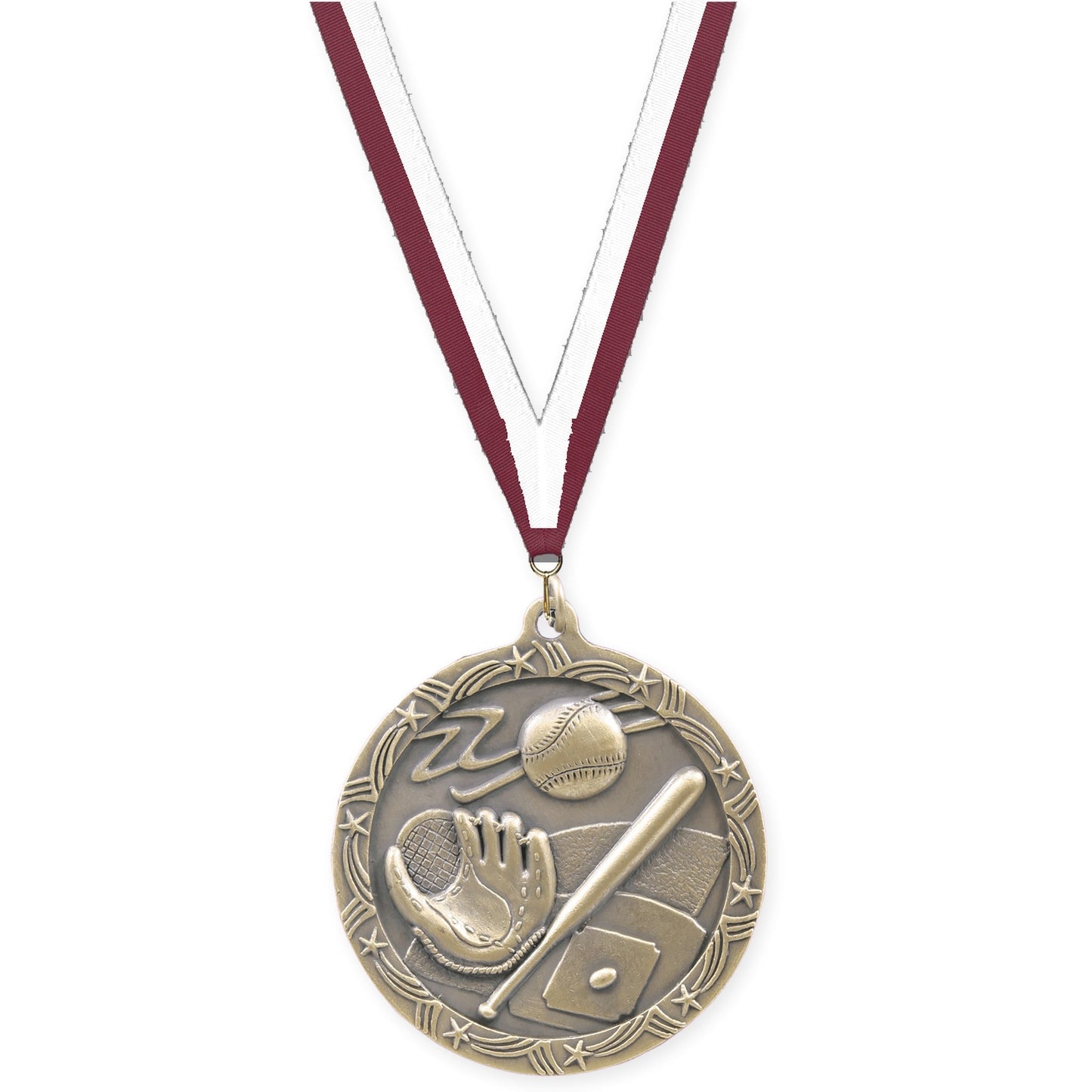 2 1/2 inch baseball and softball Shooting Star medal in antique gold with Maroon White neck ribbon